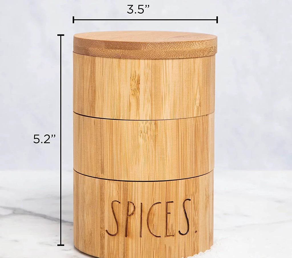 Rae Dunn Triple Bamboo Spice Cellar 3 Section Keeper with Magnetic Swivel Lid with 7.4oz Capacity