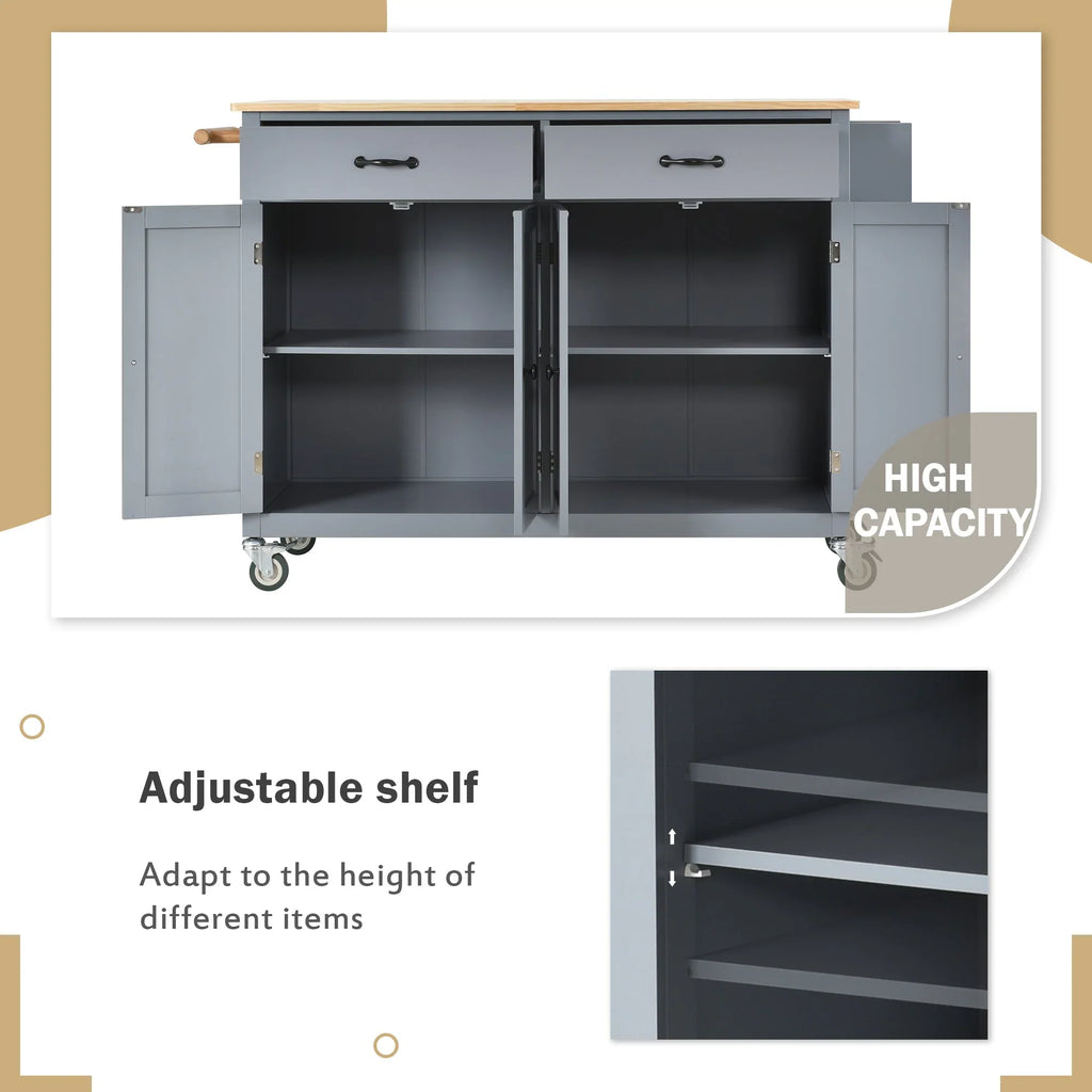 Granite Kitchen Island Cart with Solid Wood Top and Locking Wheels - Grey Blue