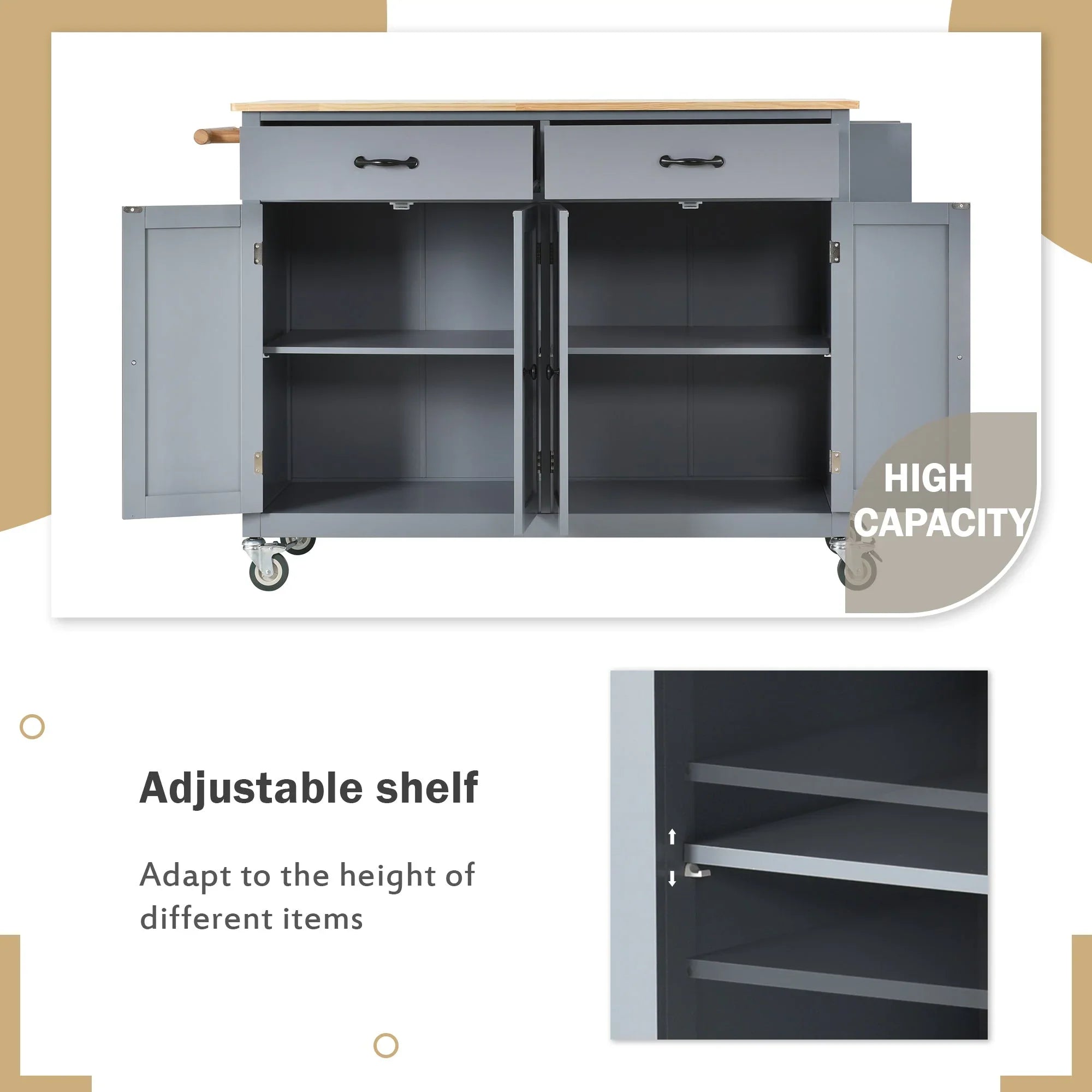 Granite Kitchen Island Cart with Solid Wood Top and Locking Wheels - Grey Blue