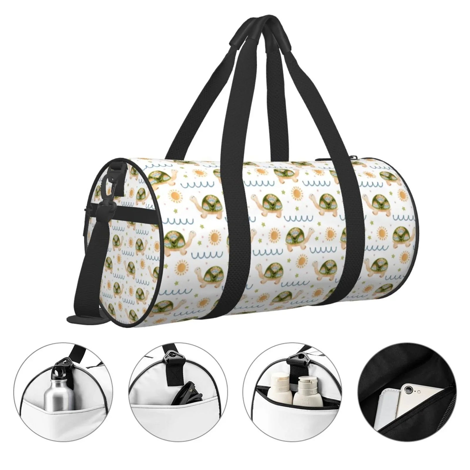 Coaee Sea Turtle Basking in the Sun Large Capacity Travel Luggage Bag Cylinder Gym Bag Waterproof Sports Bag with Pocket and Compartment