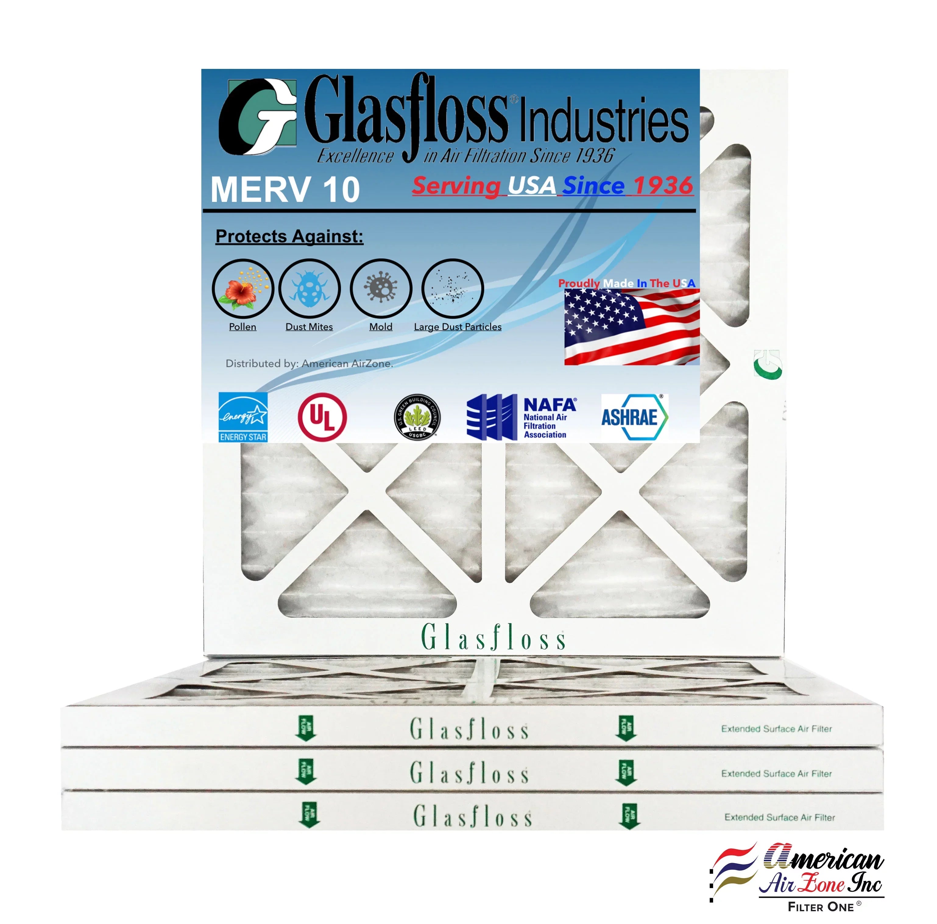 Glasfloss 16x19x1 - MERV 10 -Qty:4 - Furnace Air Filter - Made in USA (Actual Size: 15.5 x 18.5x7/8 inch)