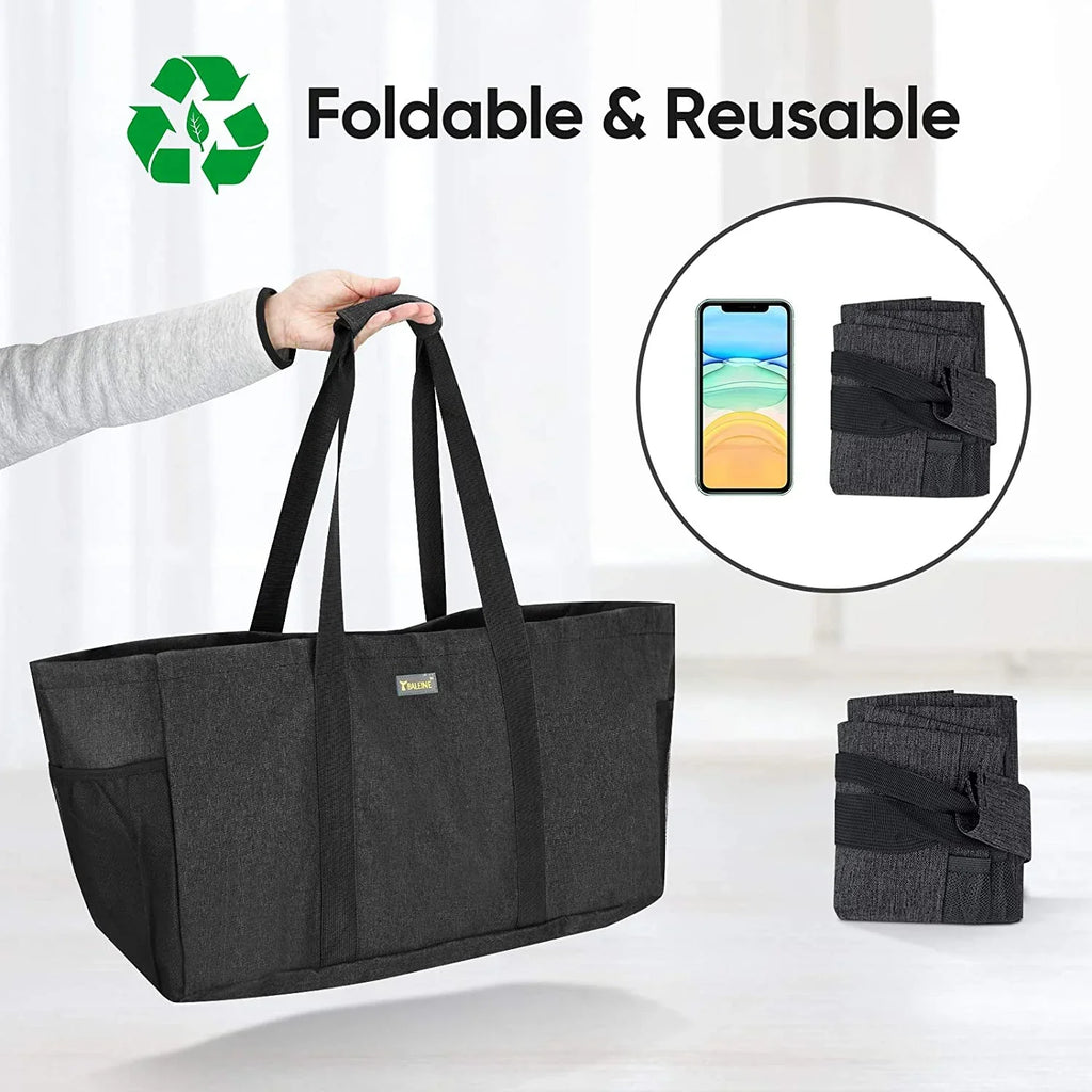 BALEINE Reusable SOFT Utility Tote with Reinforced Handles, Eco Friendly Collapsible Foldable & Washable Grocery Storage Bag, Extra Storage For Phone & Keys with Inner & Side Pockets (Black)
