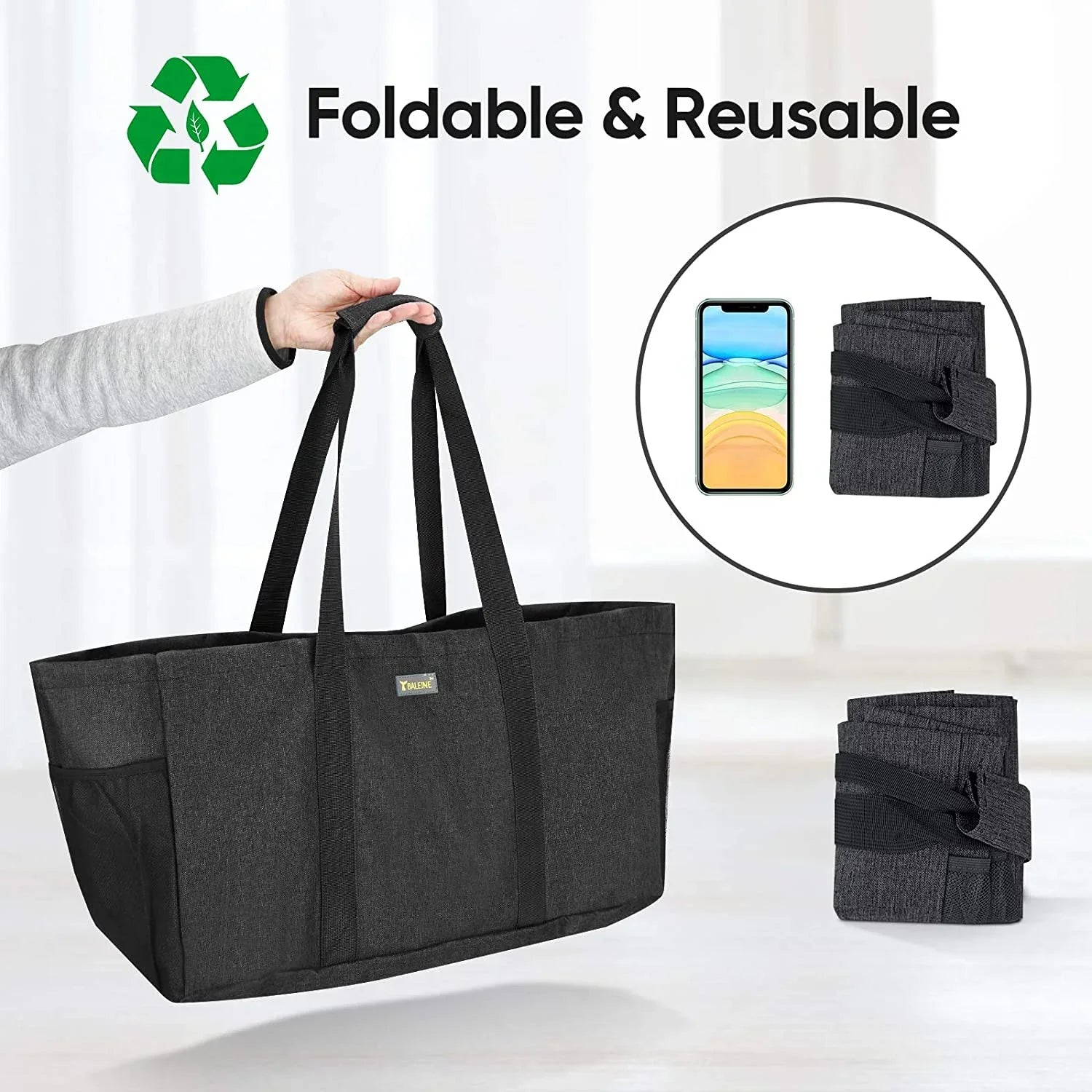 BALEINE Reusable SOFT Utility Tote with Reinforced Handles, Eco Friendly Collapsible Foldable & Washable Grocery Storage Bag, Extra Storage For Phone & Keys with Inner & Side Pockets (Black)