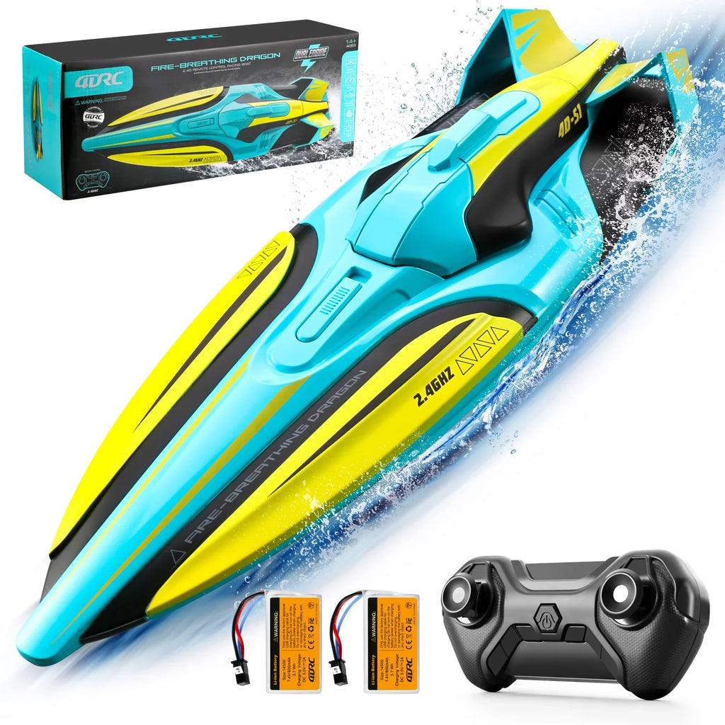 4DRC S1 RC Vessel - Remote Control Ship for Pools and Lakes, 4 Channel 2.4GHZ Remote Control, and Rechargeable Watercraft Battery，Yellow