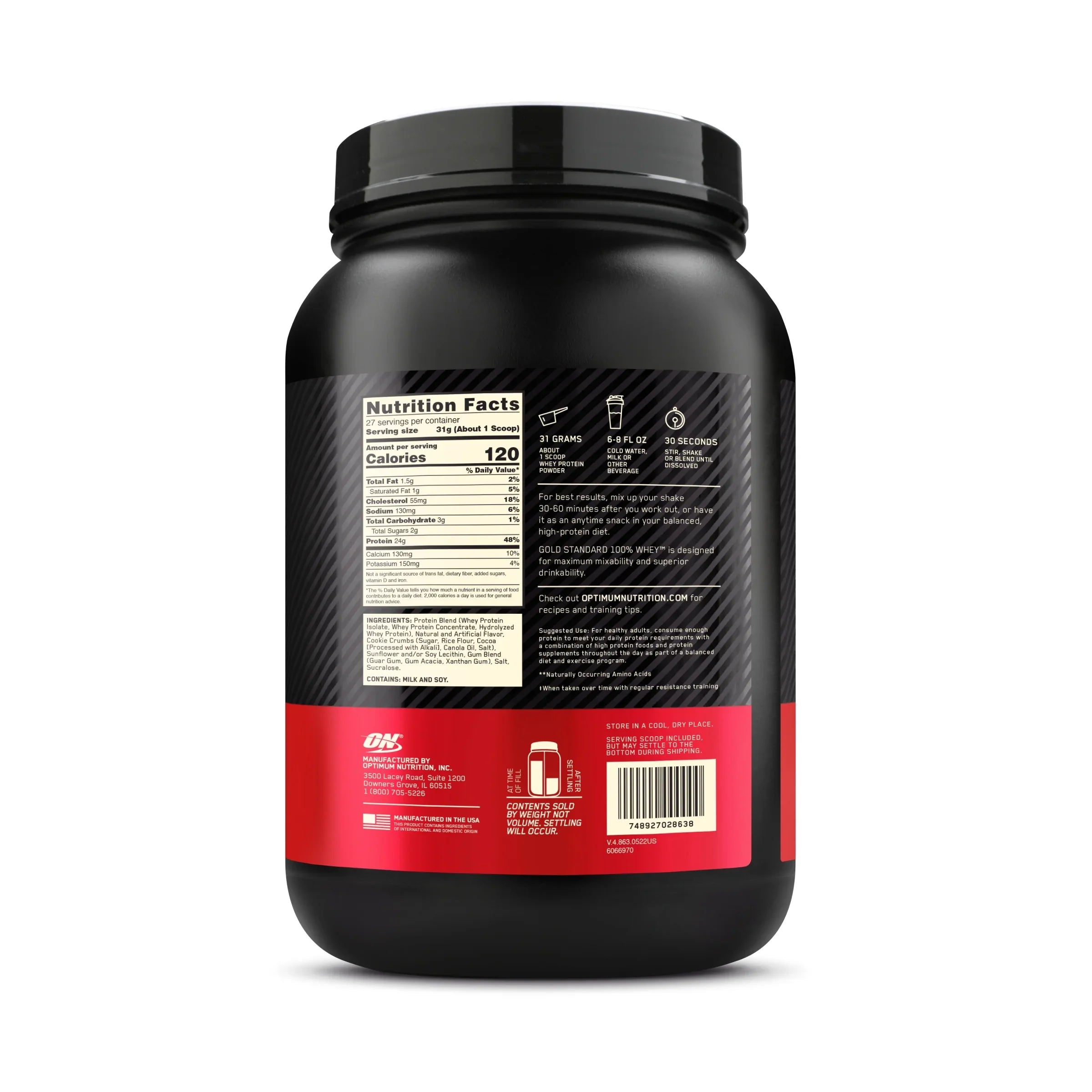 Optimum Nutrition, Gold Standard 100% Whey Protein Powder, 24 g Protein, Cookies & Cream, 1.85 lb, 27 Servings