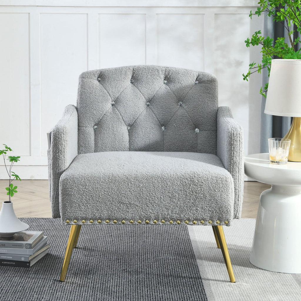 30 "W Modern Chesterfield Tufted Upholstered Chair with Deep Buttons, Living Room Chair, Comfortable Armchair, Gold Hardware Legs, Tufted Chair for Reading or Relaxing, GREY TEDDY