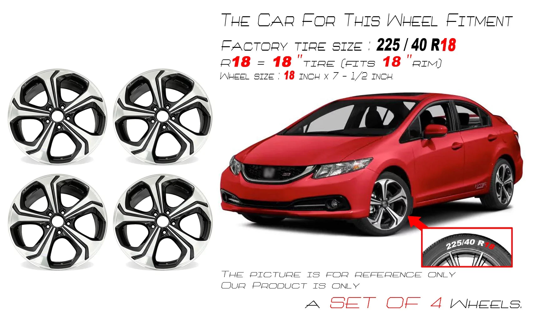 18" SET OF 4 18X7.5 Machined BLACK Wheels For 2014 2015 Honda Civic OEM Standard Replacement Rim