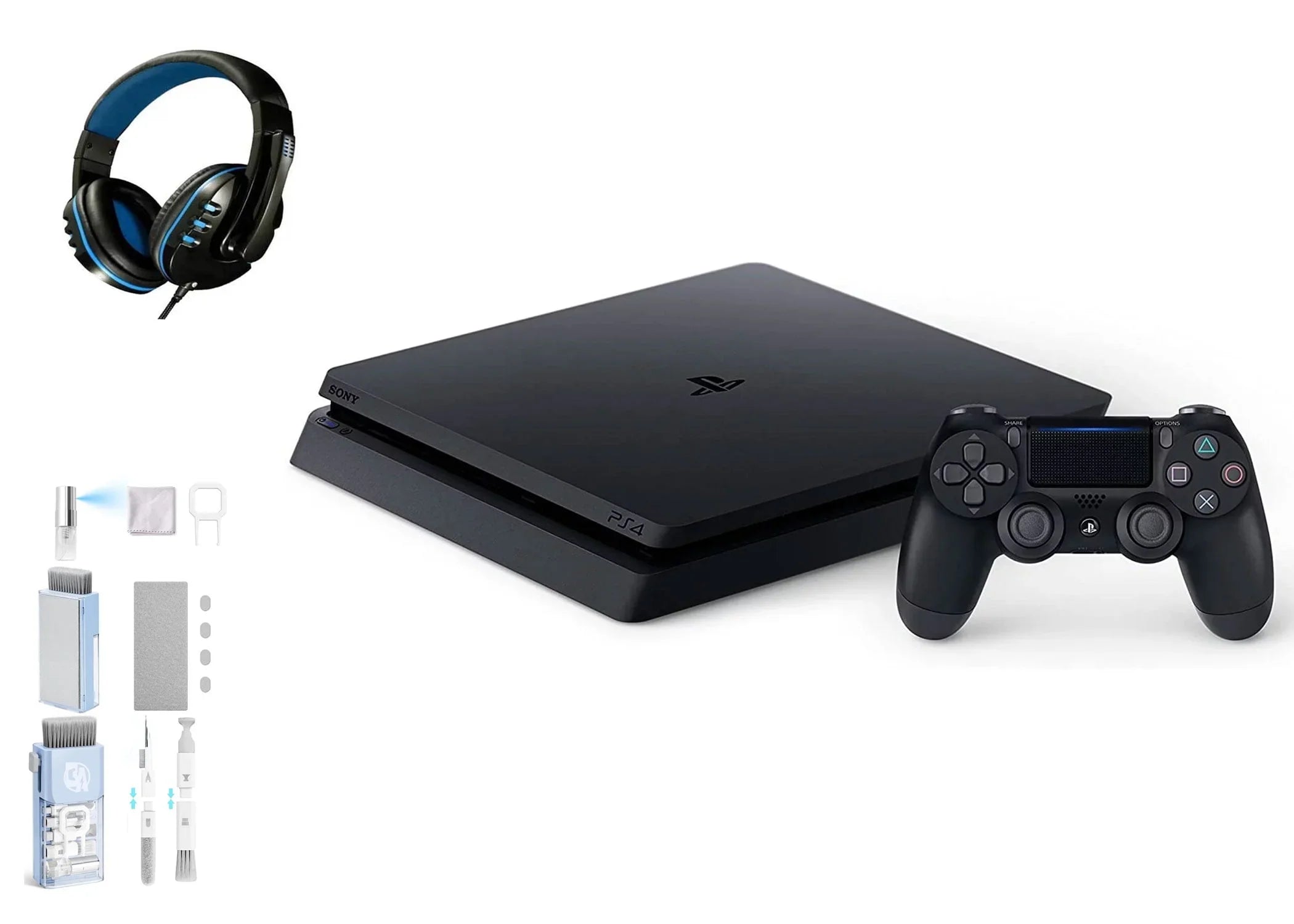 Sony 2215B PlayStation 4 Slim 500GB Gaming Console Black, Headset With BOLT AXTION Cleaning Kit Bundle Like New