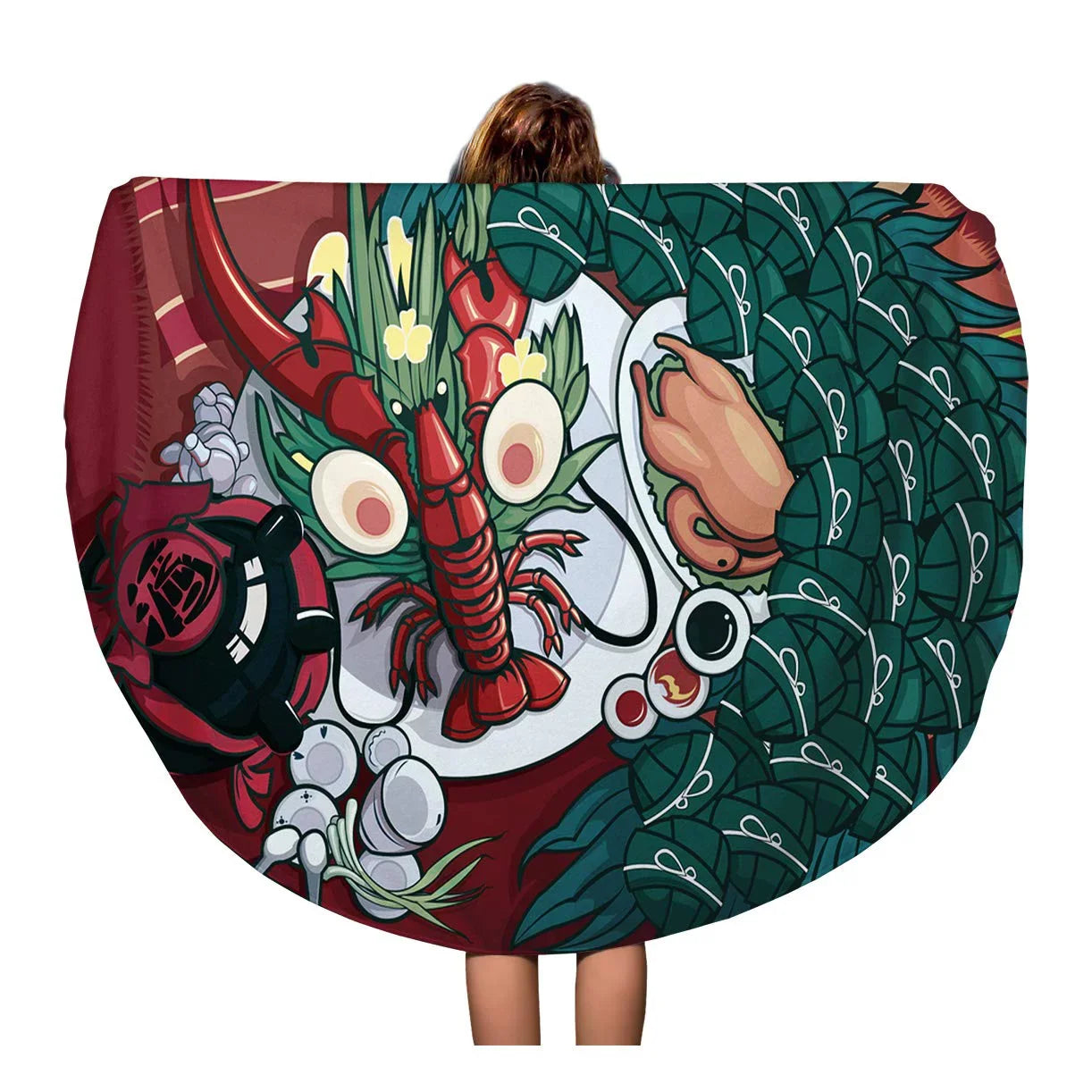 SIDONKU 60 inch Round Beach Towel Blanket Red Dumpling Dragon Vessel Festival Food Cartoon Ancient Antique Travel Circle Circular Towels Mat Tapestry Beach Throw