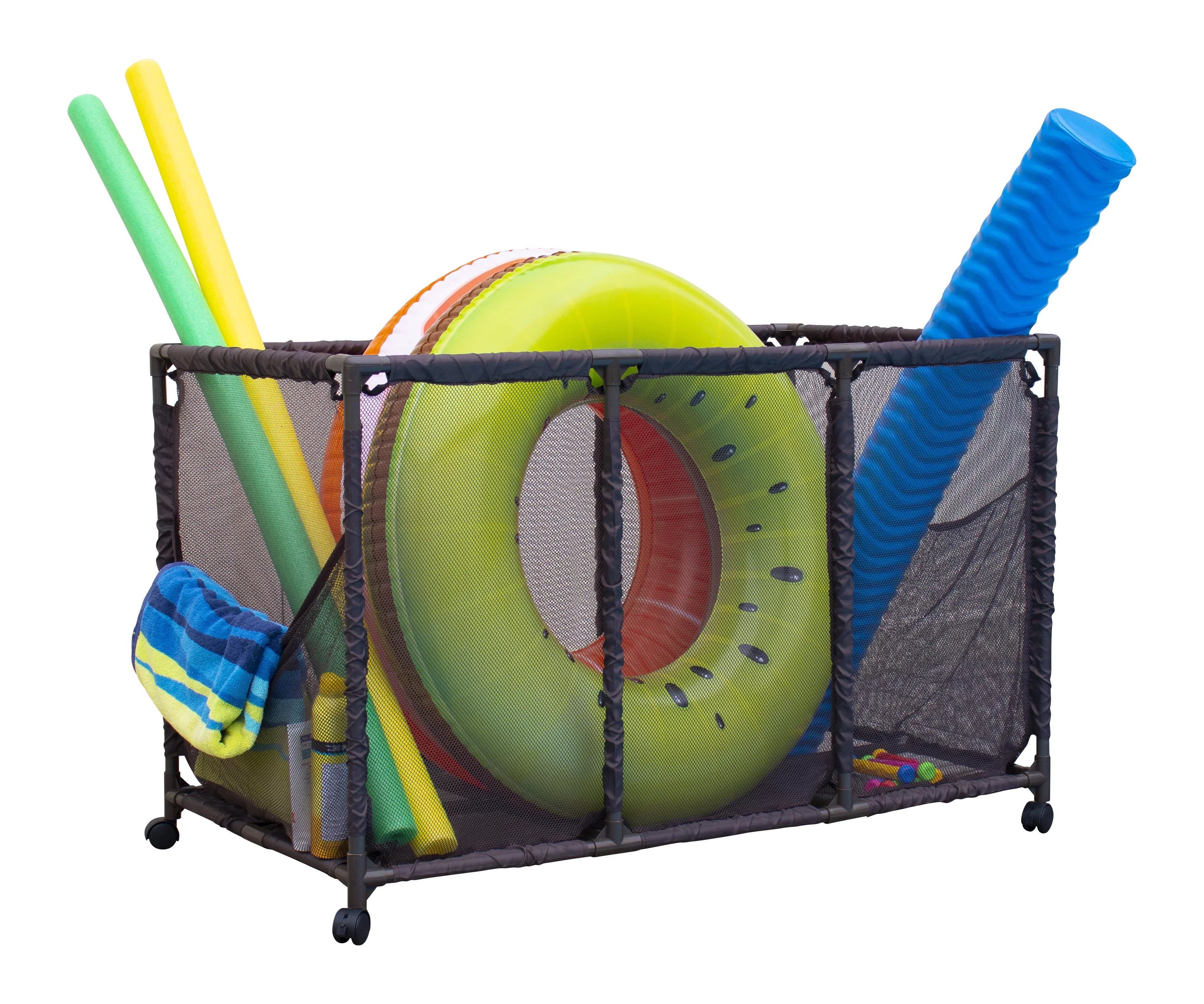Essentially Yours Pool Noodles Holder, Toys, Balls, Floats and Equipment Mesh Rolling Storage Organizer Bin, Kids Height, Large, (43" W x 25" L x 28" H), Brown Style 563009