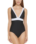 DKNY BLACK Plunging Colorblocked One-Piece Swimsuit, US 10