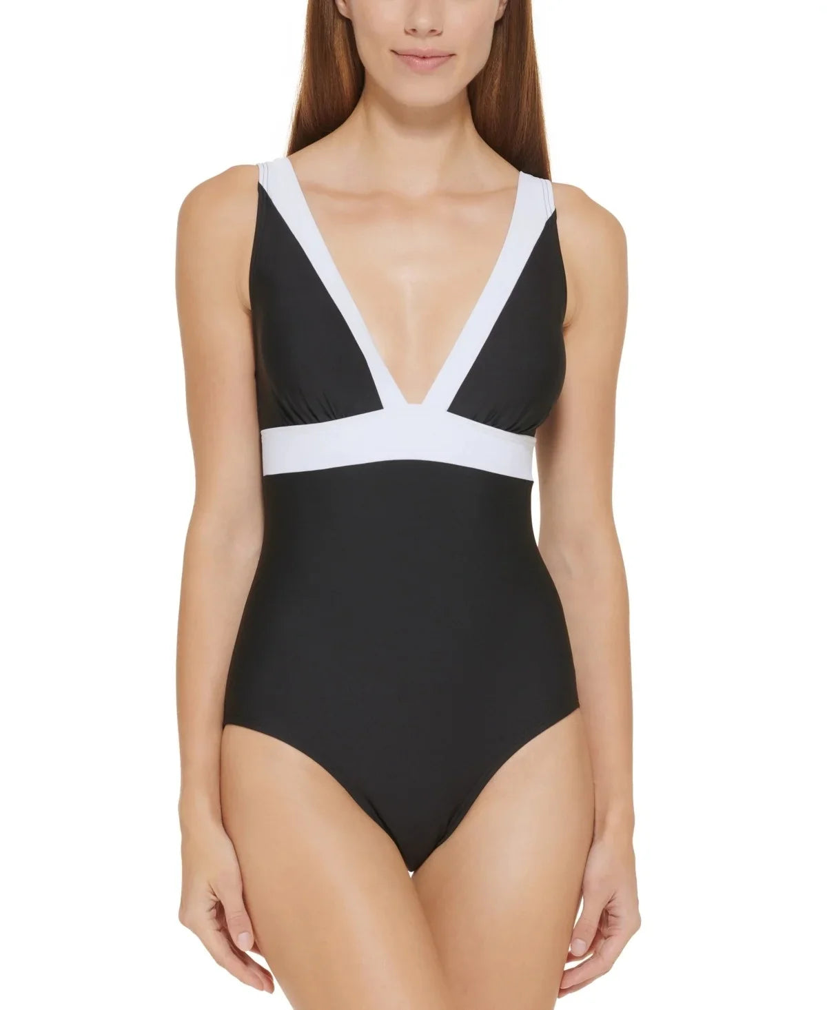 DKNY BLACK Plunging Colorblocked One-Piece Swimsuit, US 10