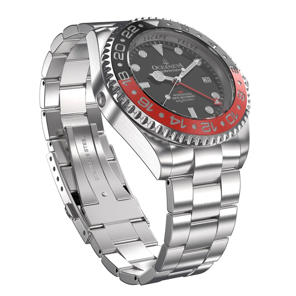 Oceaneva™ Men's GMT Deep Marine Explorer 1250M Pro Diver Watch Red and Black- Quartz, Swiss Movement Stainless Steel Bracelet