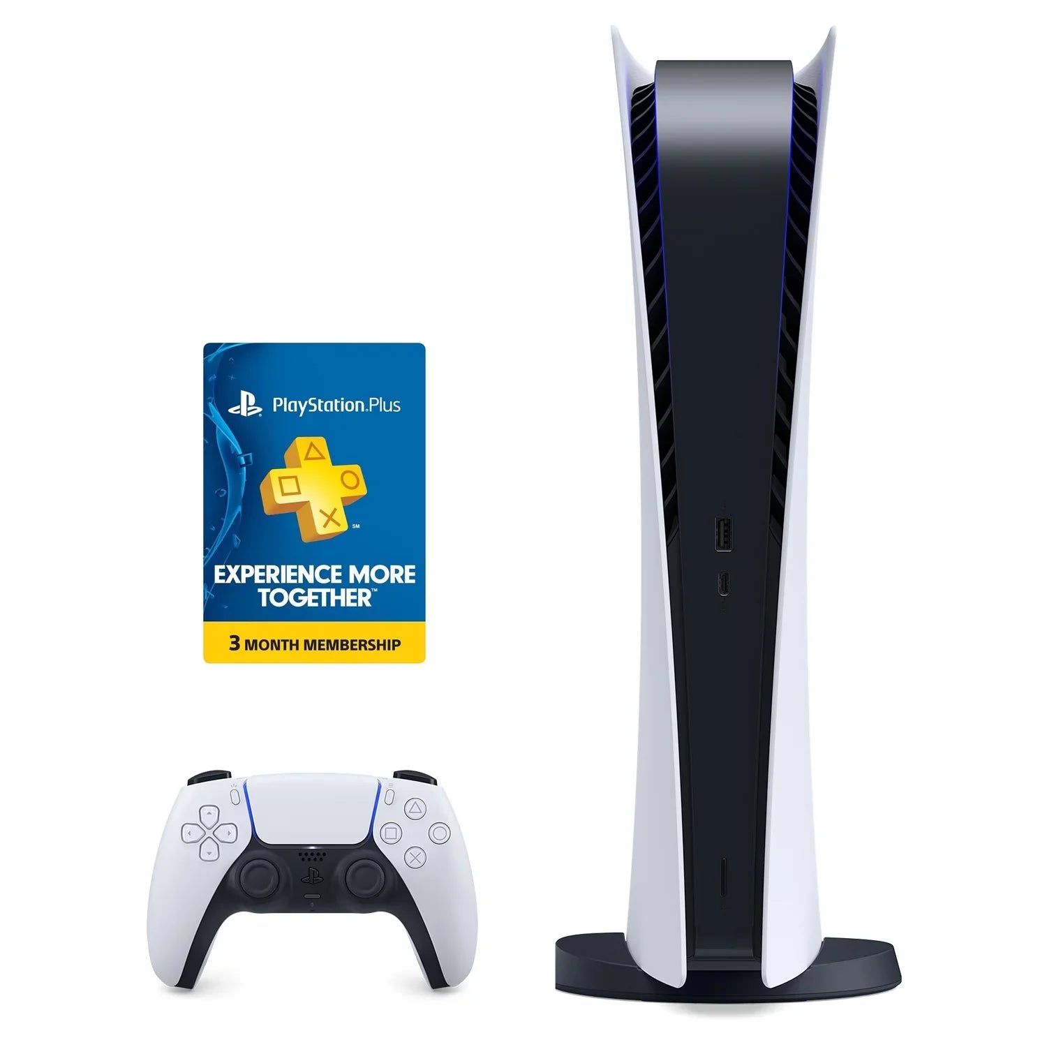 PlayStation 5 Digital PS5 - White Console with Wireless Controller - All Digital Version, 825GB SSD - With PS Plus 3 Month Membership