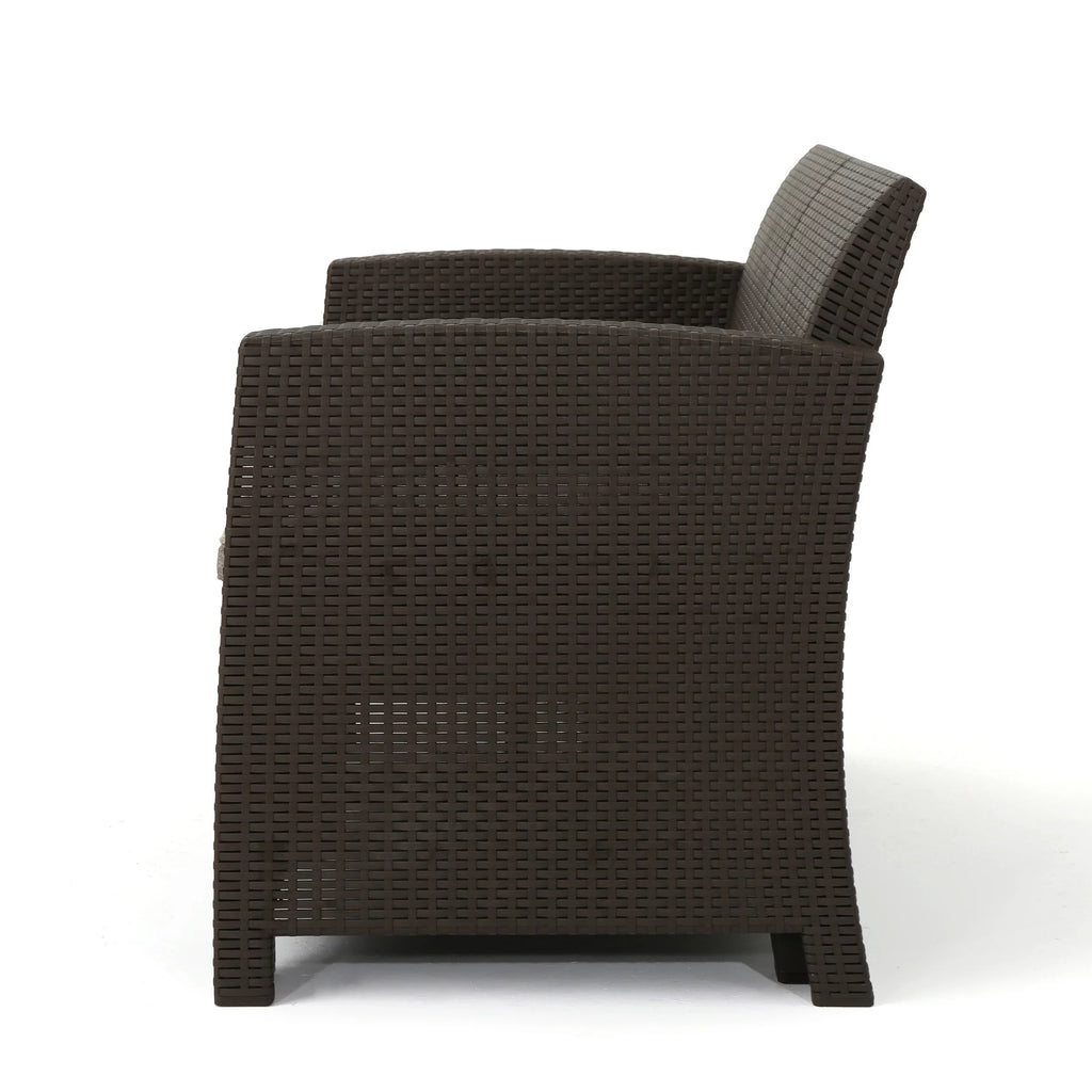 Ollie Outdoor 4-Seater Wicker Club Chat Chair Set with Fire Pit, Brown and Mixed Beige