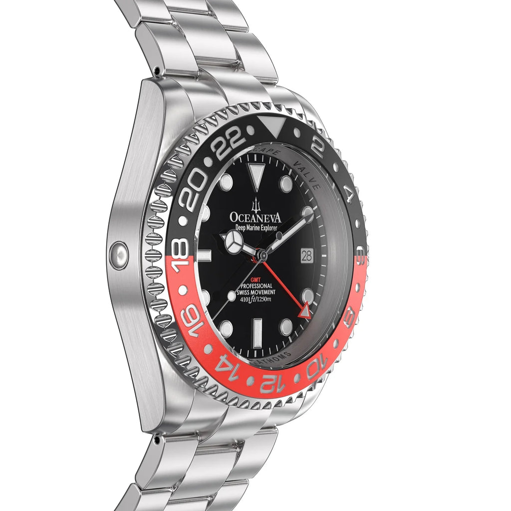 Oceaneva™ Men's GMT Deep Marine Explorer 1250M Pro Diver Watch Red and Black- Quartz, Swiss Movement Stainless Steel Bracelet