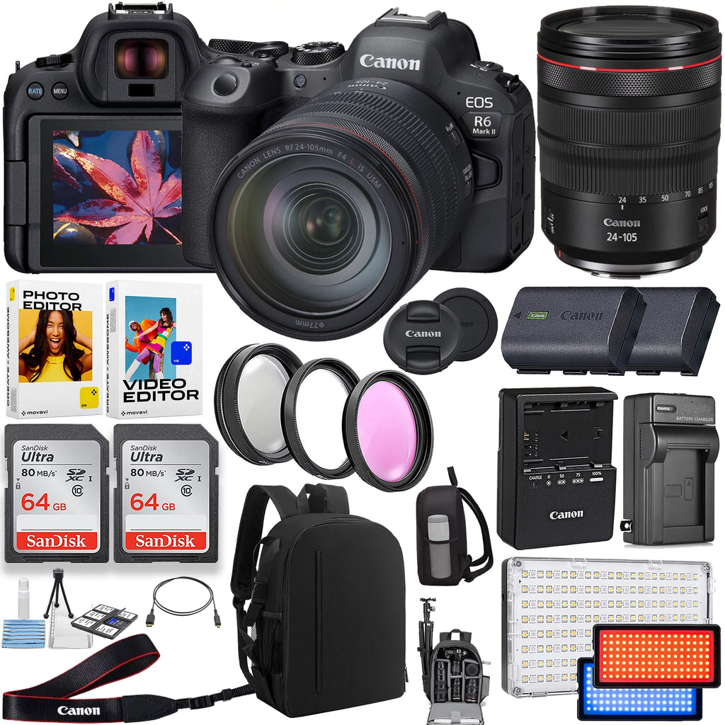 Canon EOS R6 Mark II Mirrorless Camera with Canon RF 24-105mm f/4 L IS USM Lens + 2pc 64GB Memory Cards + LED Video Light + Spare Battery + Case & More