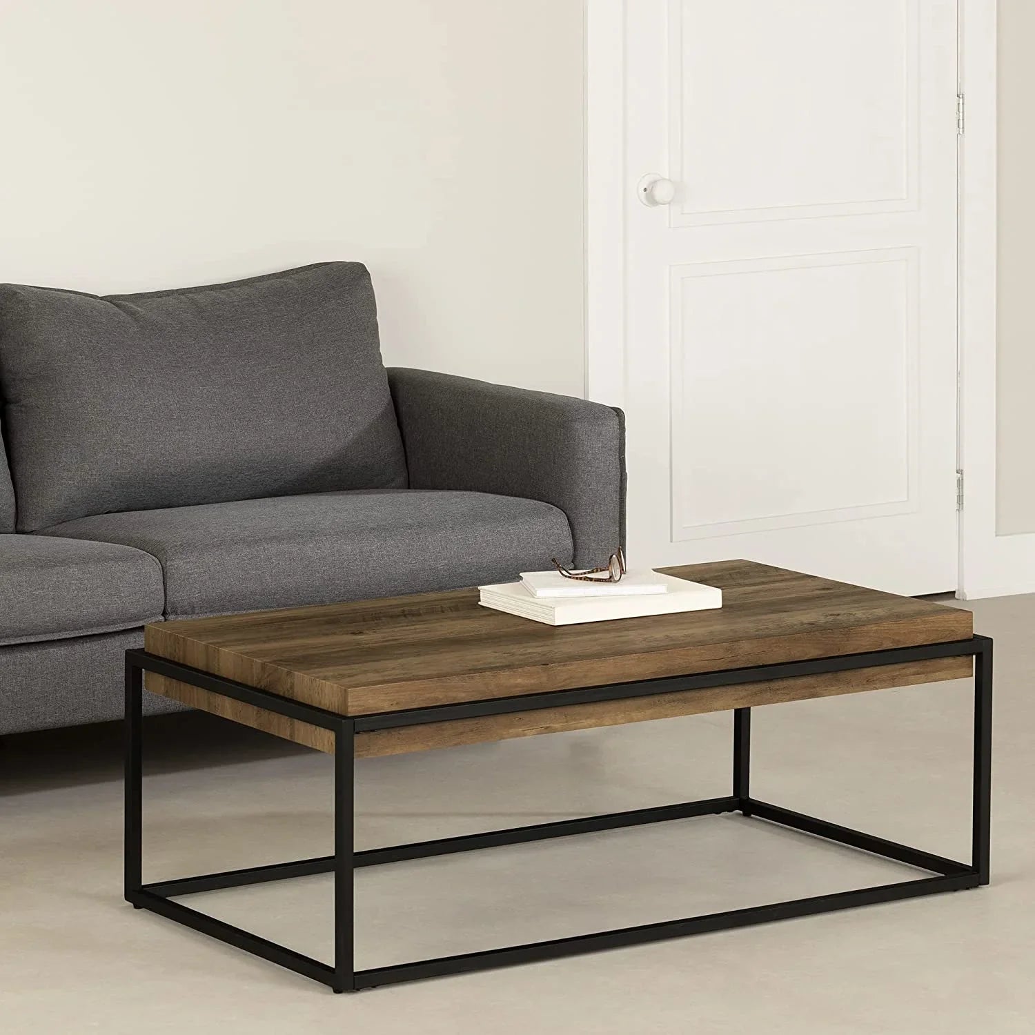 Mezzy Modern Industrial Coffee Table, Acacia Brown