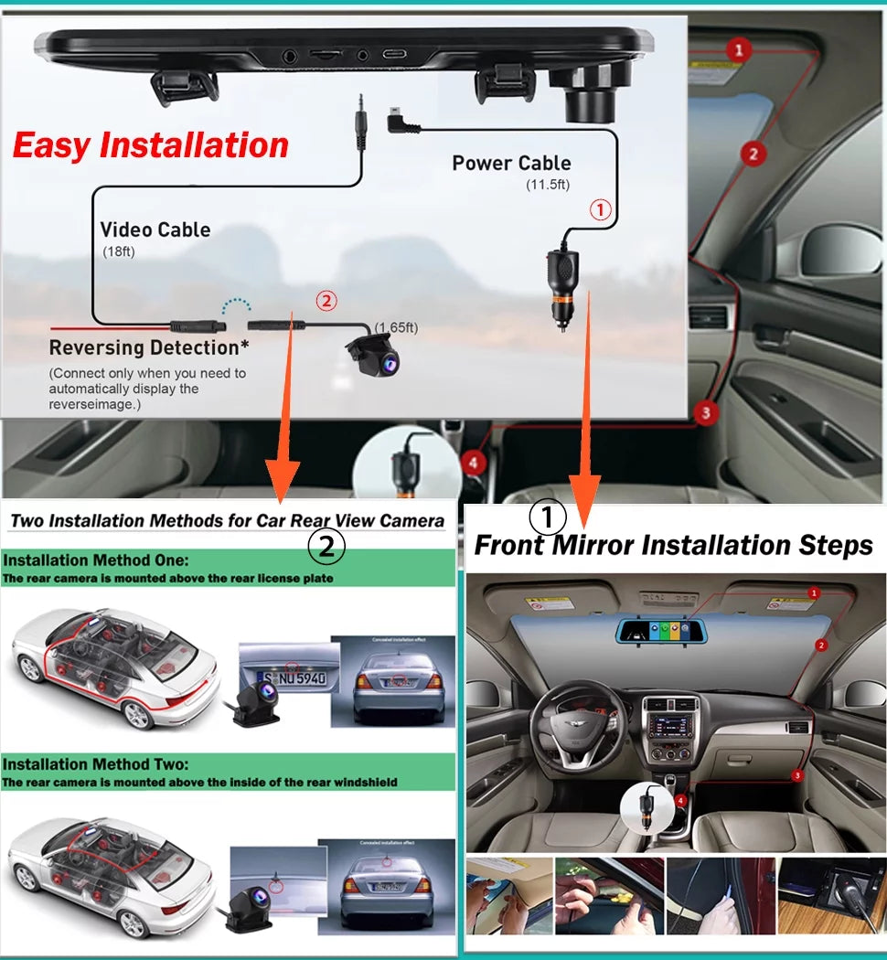 Erago Rear View Mirror Camera, Dash Cam Front and Rear Full Touch Screen FHD 1080p for Car , Waterproof Backup WDR Camera, Night Vision, G-Sensor, Parking Moniter