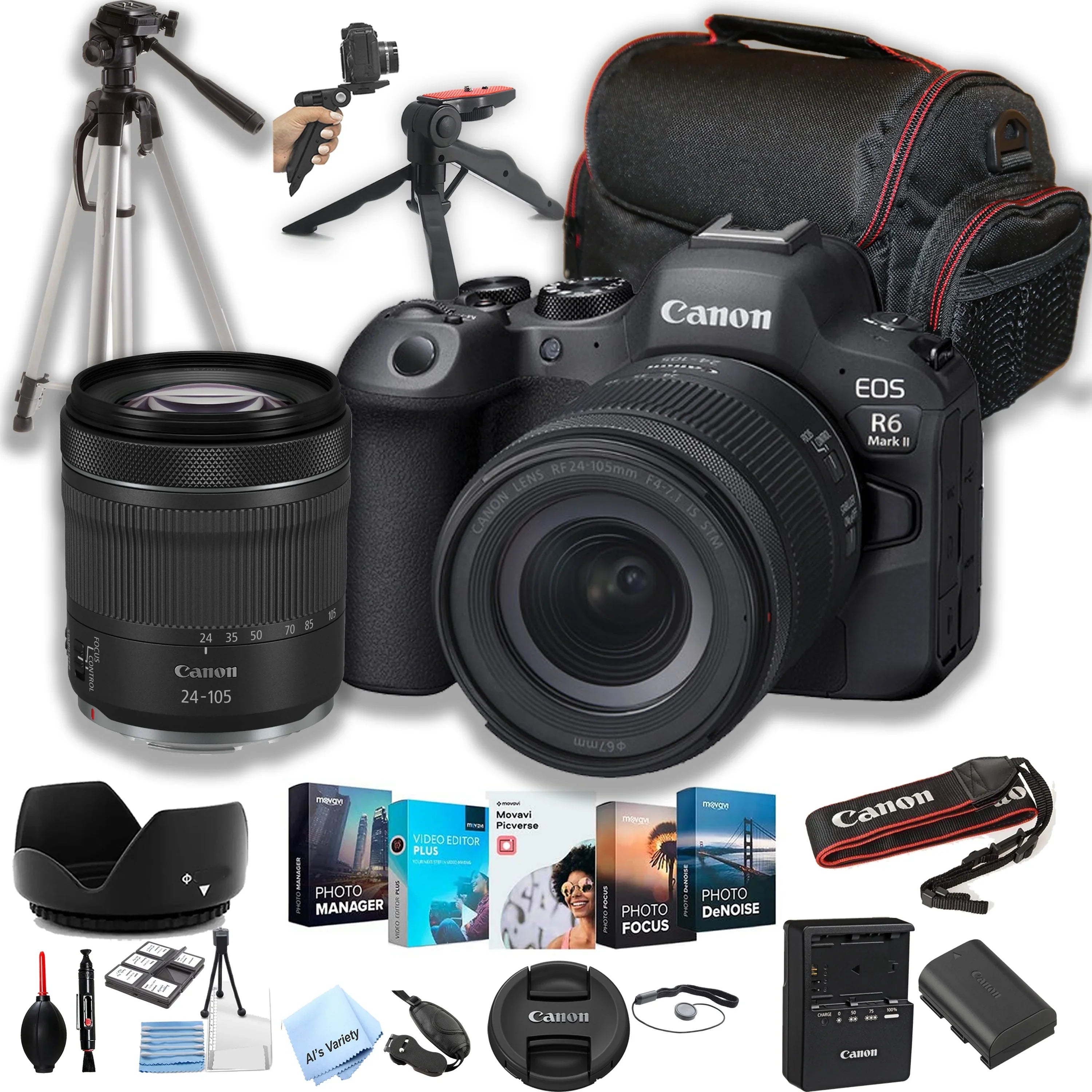 Canon EOS R6 Mark II Mirrorless Digital Camera with RF 24-105mm f/4-7.1 STM Lens + 64GB Memory + Case+ Steady Grip Pod + Tripod+ Software Pack + More (30pc Bundle)