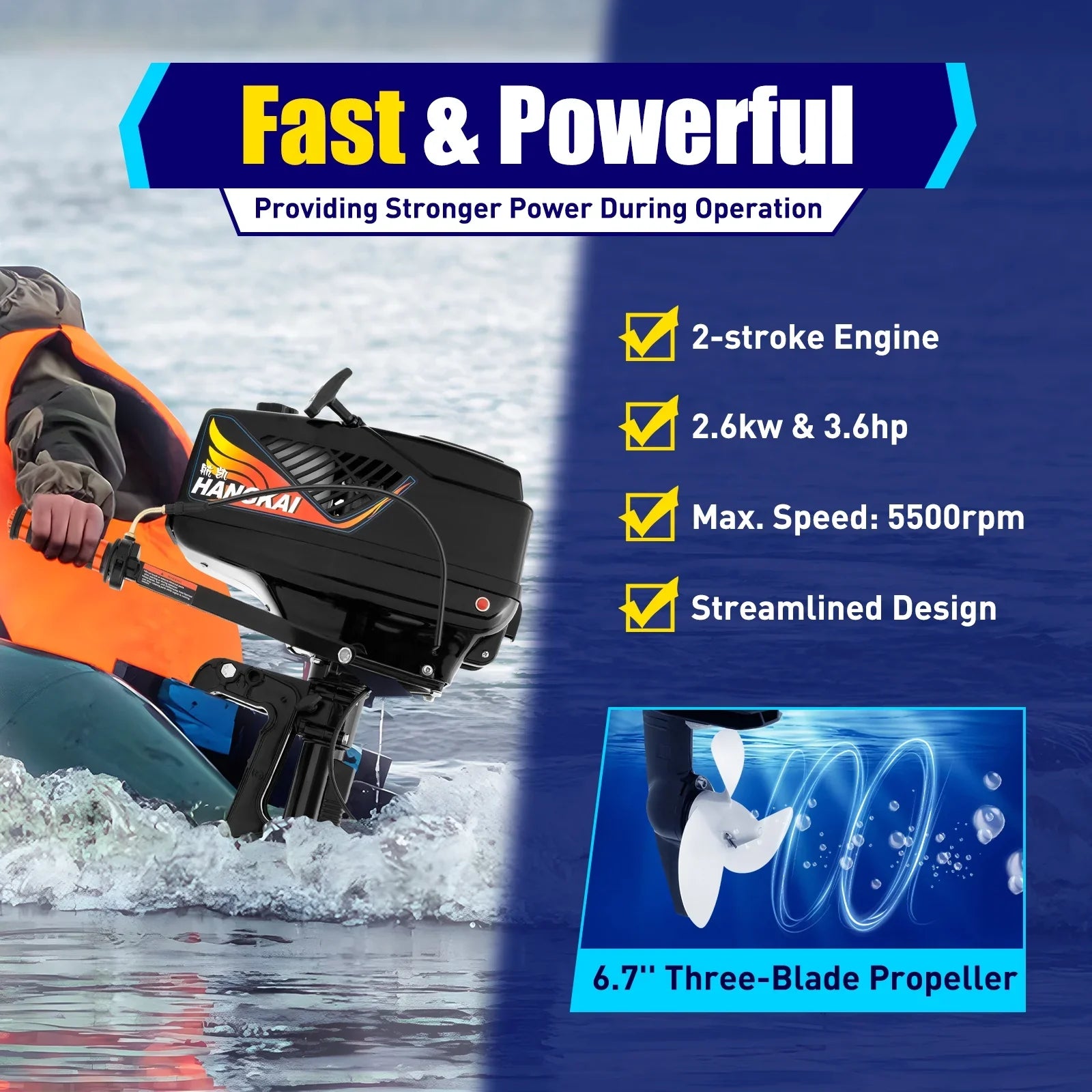 2 Stroke 3.6 HP Gasoline Outboard Motor, 55cc Fishing Ship Engine with Water Cooling System Clutch Control Black