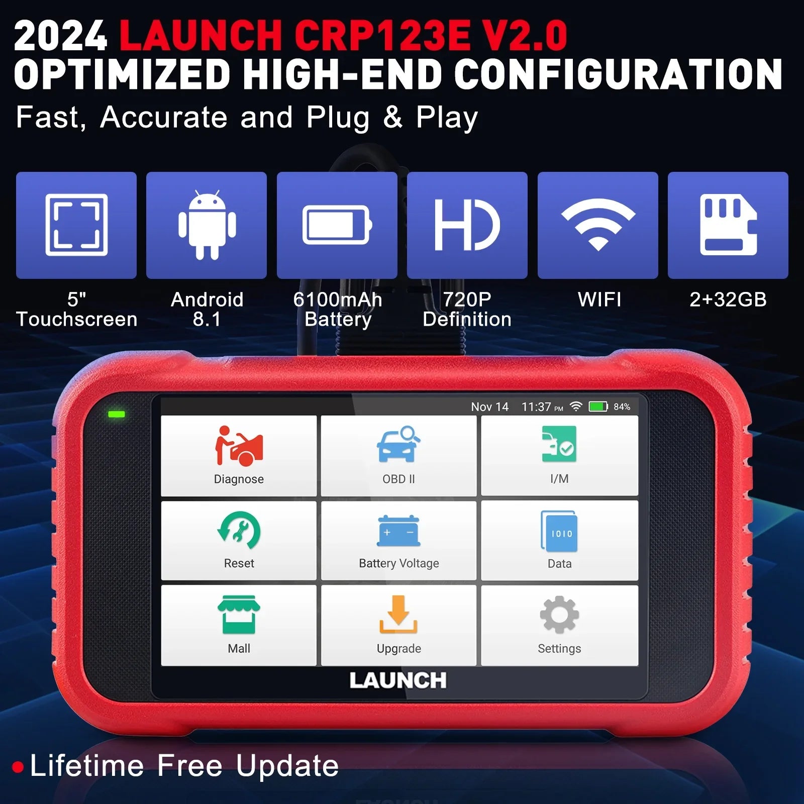 LAUNCH CRP123E V2.0 Obd Car Diagnostic Scanner Check Engine Fault Code Reader with Oil Reset, Brake Reset, Injector Reset, Battery Test, DPF Reset