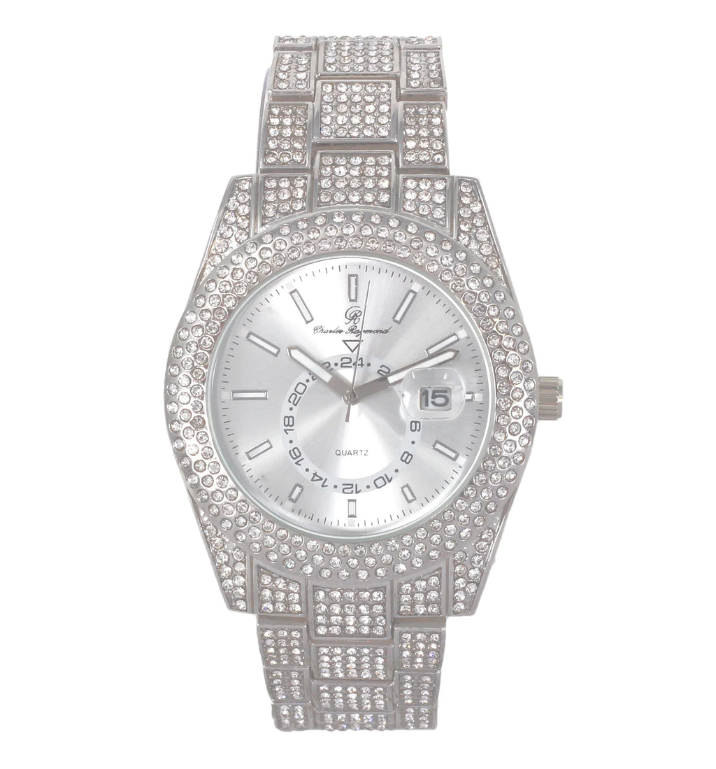 Charles Raymond Ice on Blast! Blinged Out Hip Hop Rolly Looks with Iced Out Wristwatch Trim and Band with Matching Zig Zag Bling'ed Out Necklace Sets - ZZ Necklace Sets - Silver