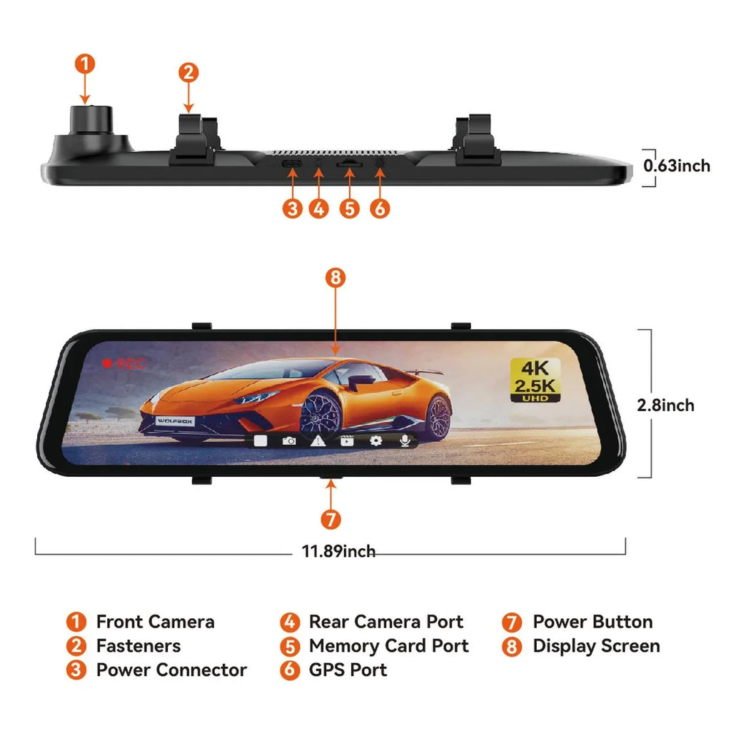 WOLFBOX 12" Rear View Mirror Dash Cam, 4K Mirror Dash Cam Front and 2.5K Rear Camera, Rearview Dash Camera for Car with WDR, Night Vision, Free 64GB Card & GPS