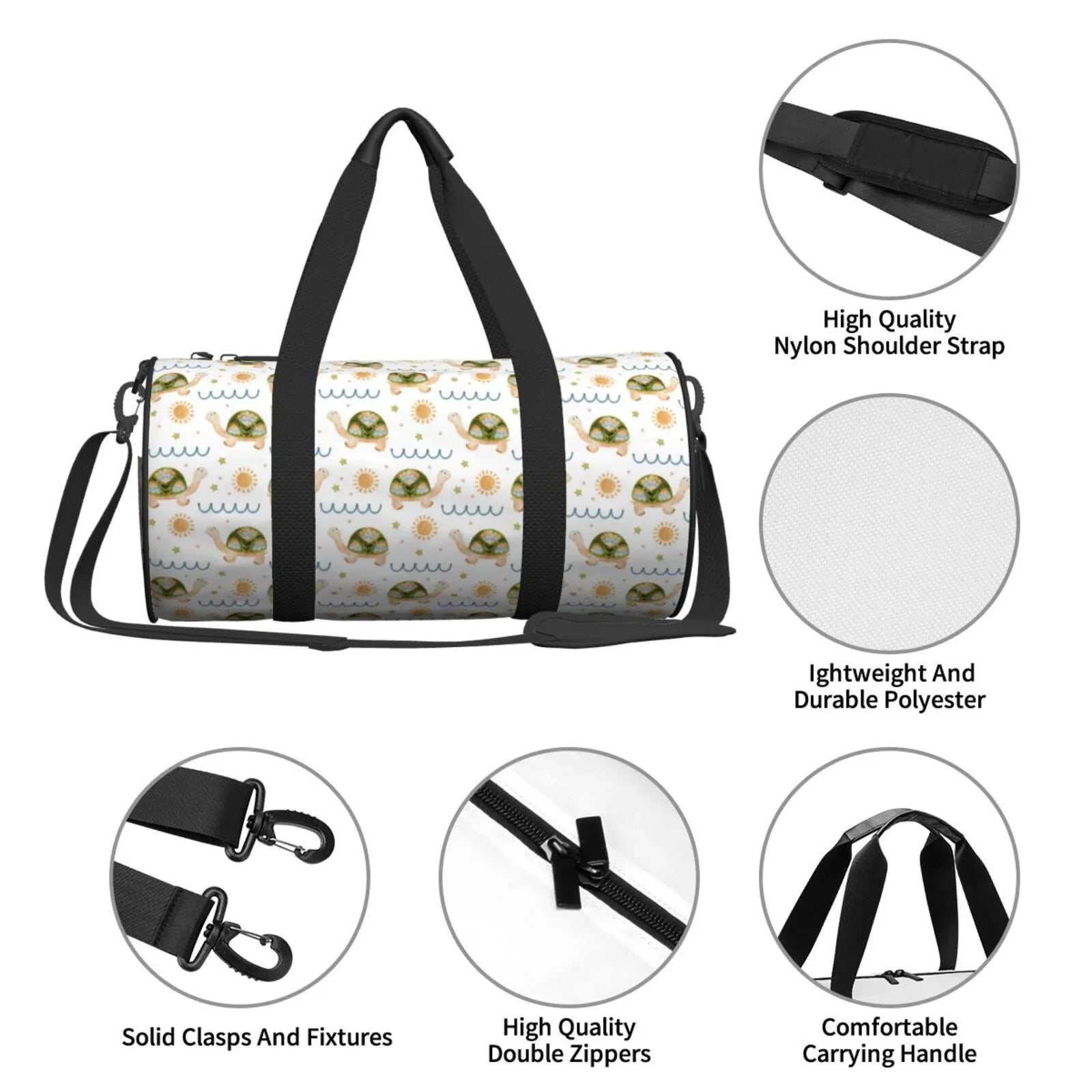 Coaee Sea Turtle Basking in the Sun Large Capacity Travel Luggage Bag Cylinder Gym Bag Waterproof Sports Bag with Pocket and Compartment