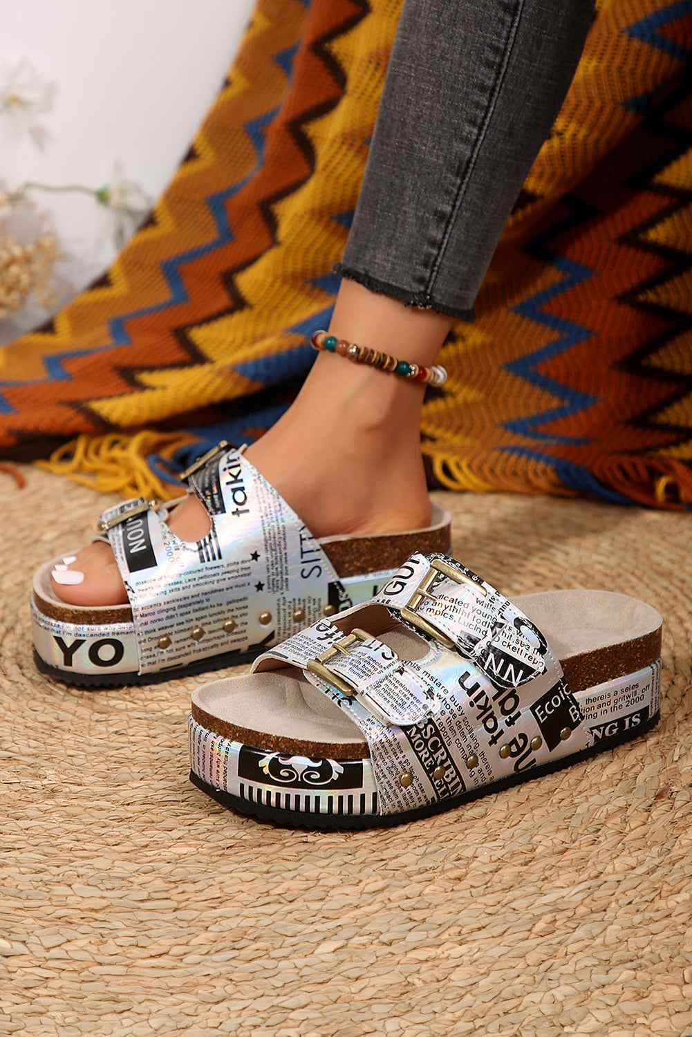 White Leathered Stud Dual Latch Platform Slippers