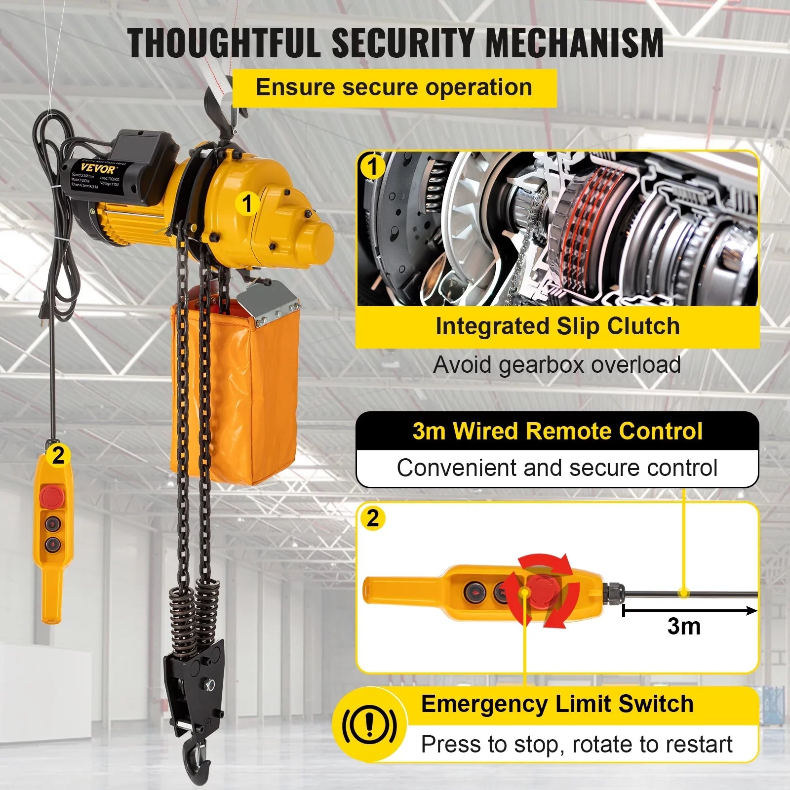 VEVOR Lift Electric Hoist, 2200 lbs Electric Winch w/ 10ft Wired Remote Control, 110V Overhead Crane Garage Ceiling Pulley Winch of 10ft Lift Height, Used In Factories, Warehouses, Construction