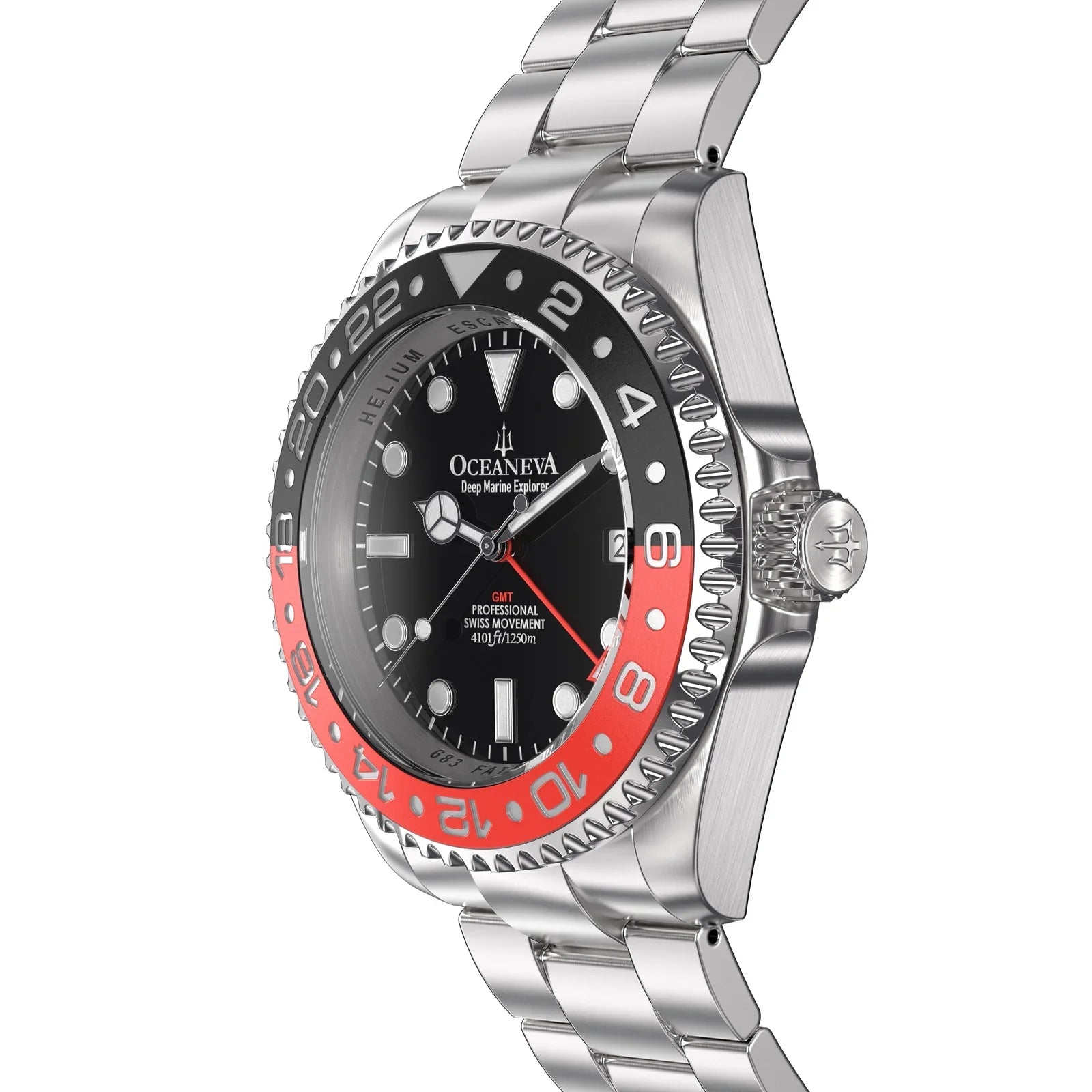 Oceaneva™ Men's GMT Deep Marine Explorer 1250M Pro Diver Watch Red and Black- Quartz, Swiss Movement Stainless Steel Bracelet