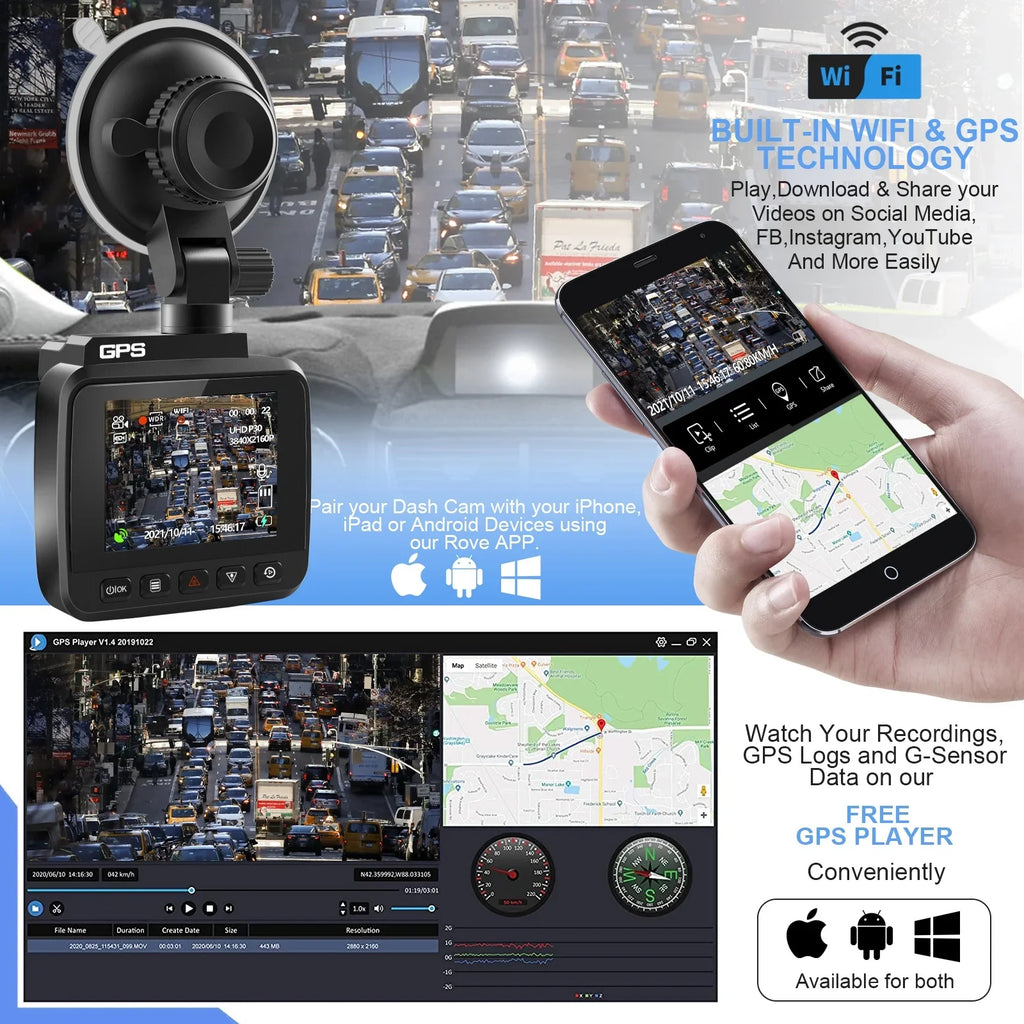 4K Dash Cam for Cars, Dash Cam Front and Rear with Night Vision, 2160P FHD Car Camera, 170° Wide Angle Driving Recorder with G-Sensor, Parking Monitor, Loop Recording, WDR, Built-in WiFi & GPS