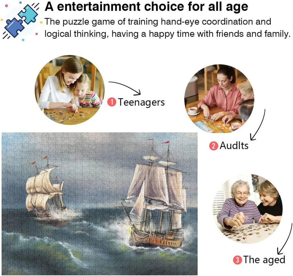 SKYSONIC Oil Paintings Sea Landscape Ship 500 Pcs of Irregular Puzzle in a Box, Printed with Colored Letters on Back to Reduce Difficulty, a Happy Time of Cooperation