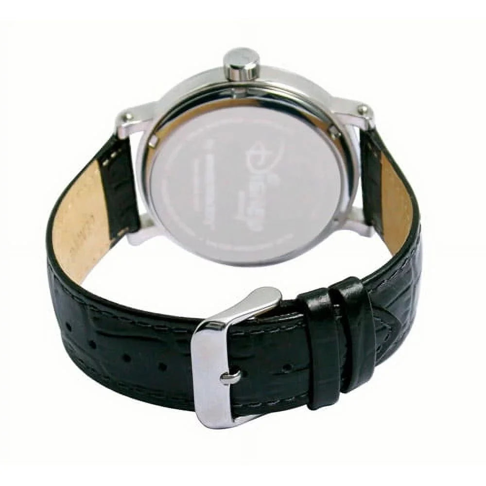 Minnie Mouse Women's Shinny Silver Vintage Articulating Alloy Case Watch, Black Leather Strap