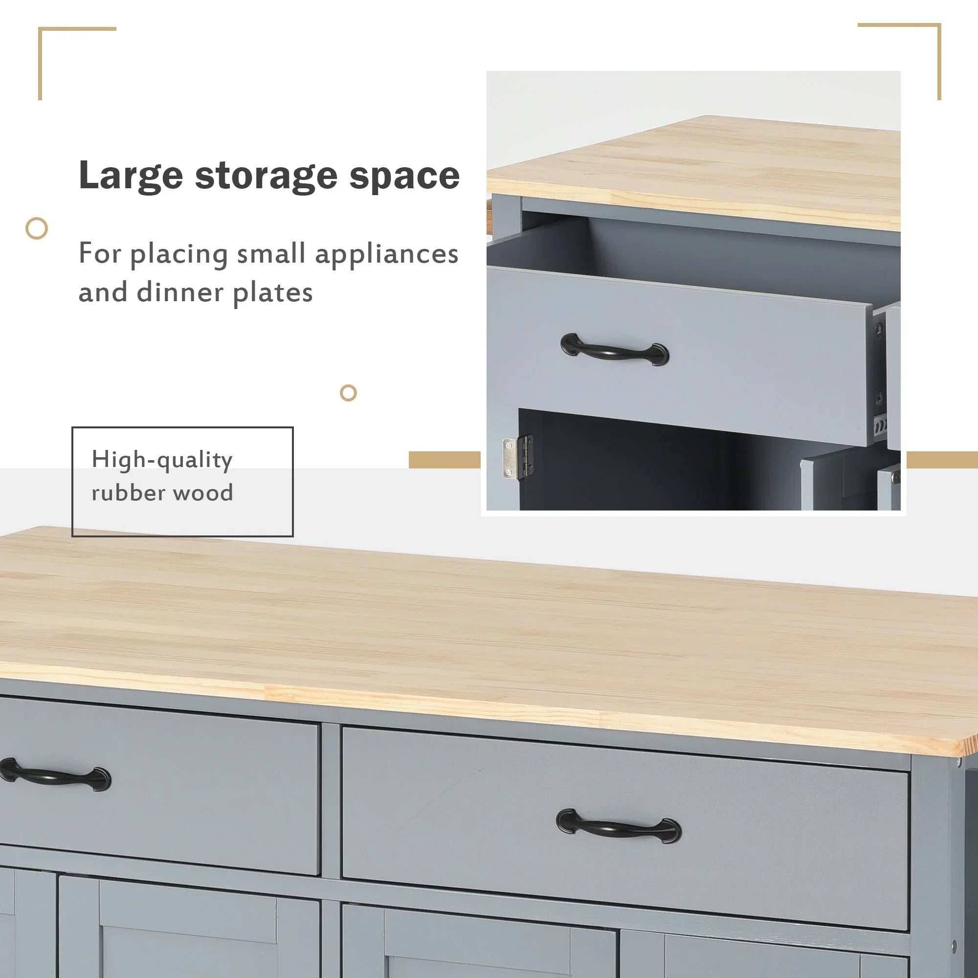 Granite Kitchen Island Cart with Solid Wood Top and Locking Wheels - Grey Blue