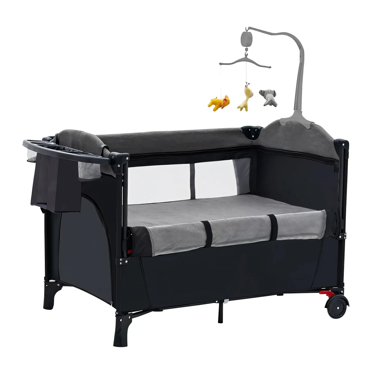 iMounTEK 6 In 1 Portable Babe Nursery Center Play Yard, Foldable Babe Crib Include Wheels, Canopy, Music Box, Toys Storage Trayand Changing
