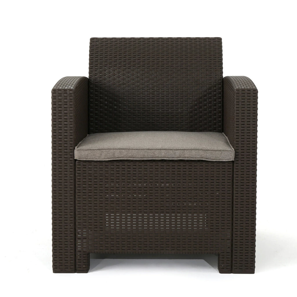 Ollie Outdoor 4-Seater Wicker Club Chat Chair Set with Fire Pit, Brown and Mixed Beige