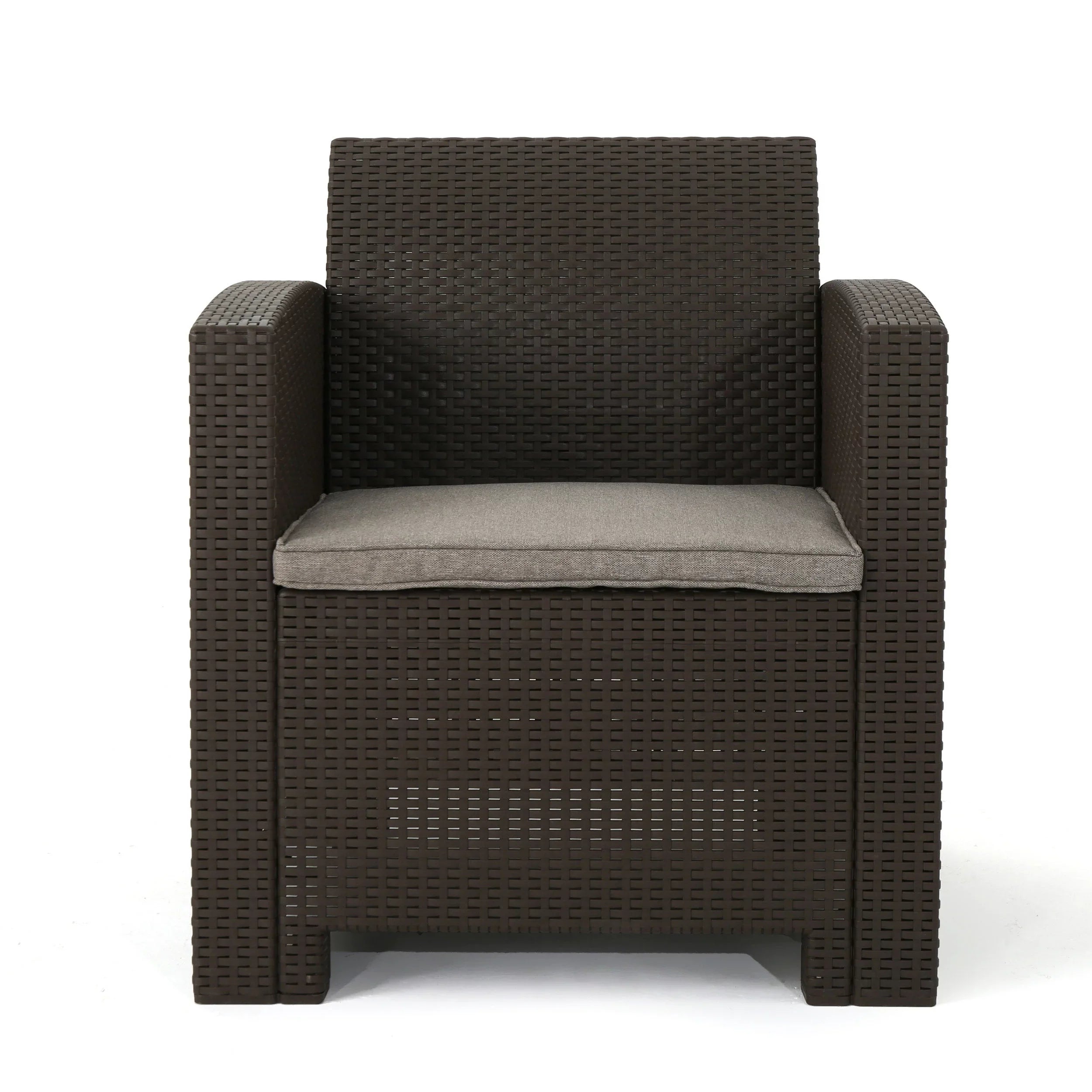 Ollie Outdoor 4-Seater Wicker Club Chat Chair Set with Fire Pit, Brown and Mixed Beige
