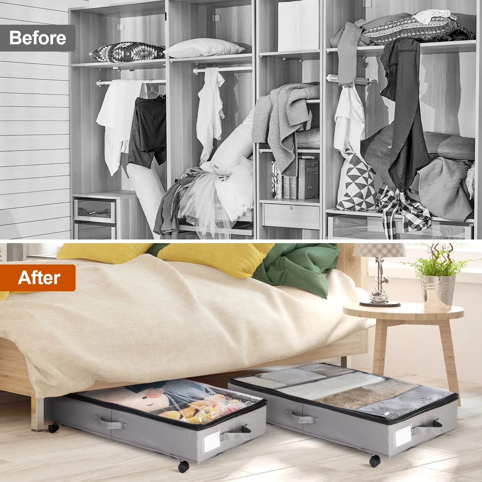 Extra Large Under Bed Storage with Wheels, 2 Pack Rigidity 42L Under Bed Storage Containers, Oxford Fabric Underbed Storage with Lid for Clothes Blankets and Shoe Organizer Drawer in Gray