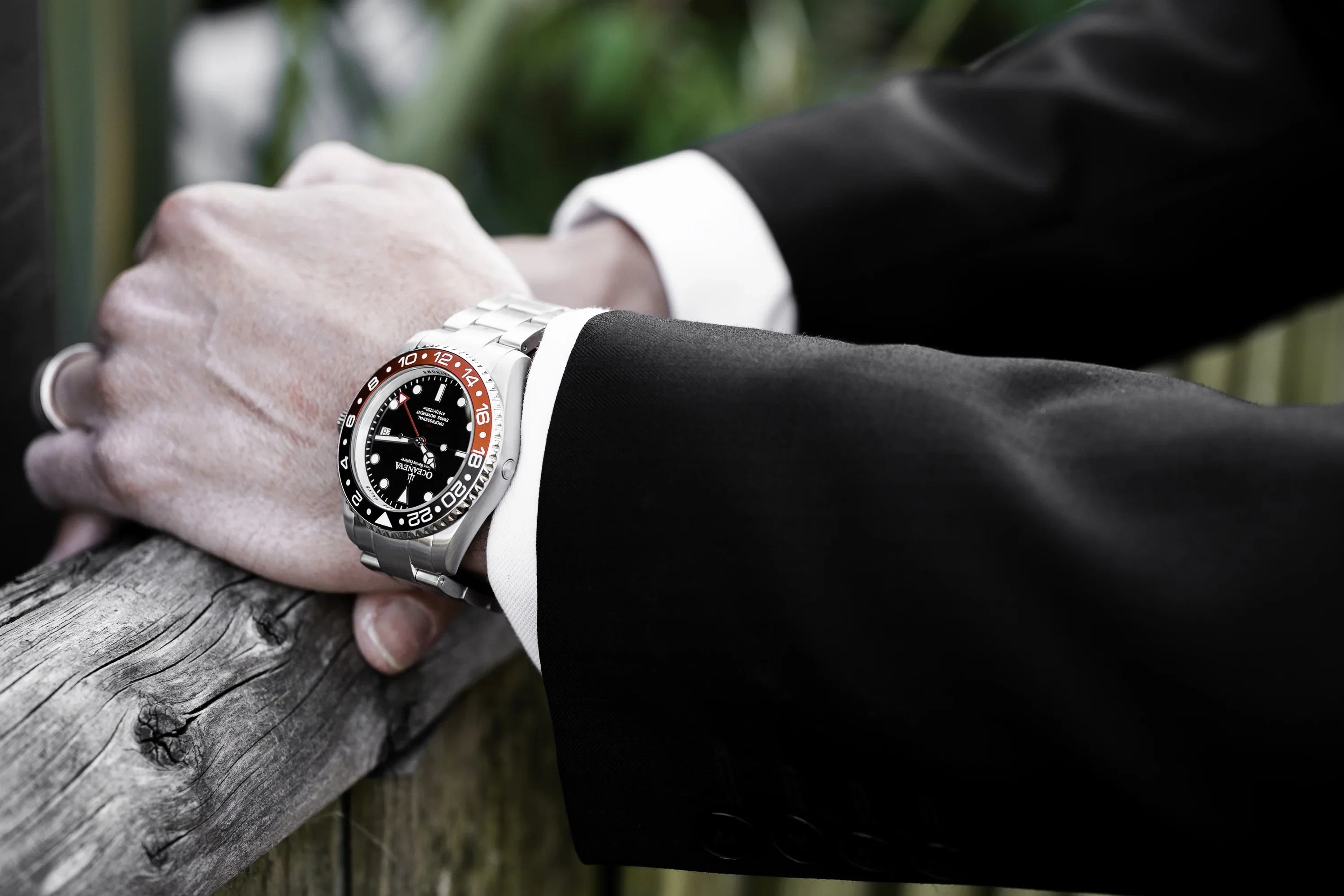 Oceaneva™ Men's GMT Deep Marine Explorer 1250M Pro Diver Watch Red and Black- Quartz, Swiss Movement Stainless Steel Bracelet