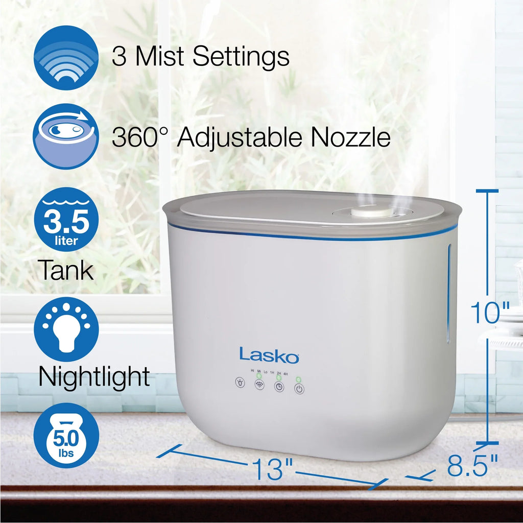 Lasko 0.92 Gallon, 18-Hour Cool Mist Ultrasonic Humidifier with Timer, 370 Sq. ft., UH250
