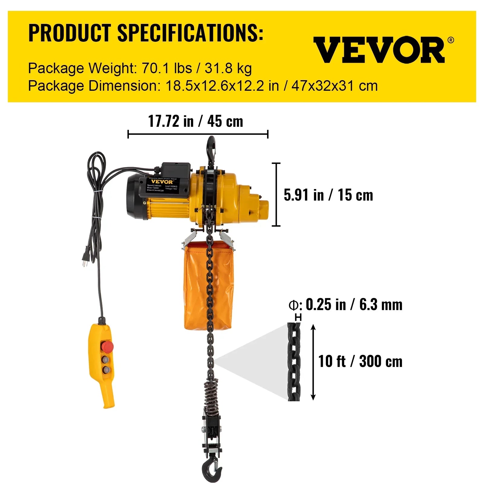 VEVOR Lift Electric Hoist, 2200 lbs Electric Winch w/ 10ft Wired Remote Control, 110V Overhead Crane Garage Ceiling Pulley Winch of 10ft Lift Height, Used In Factories, Warehouses, Construction