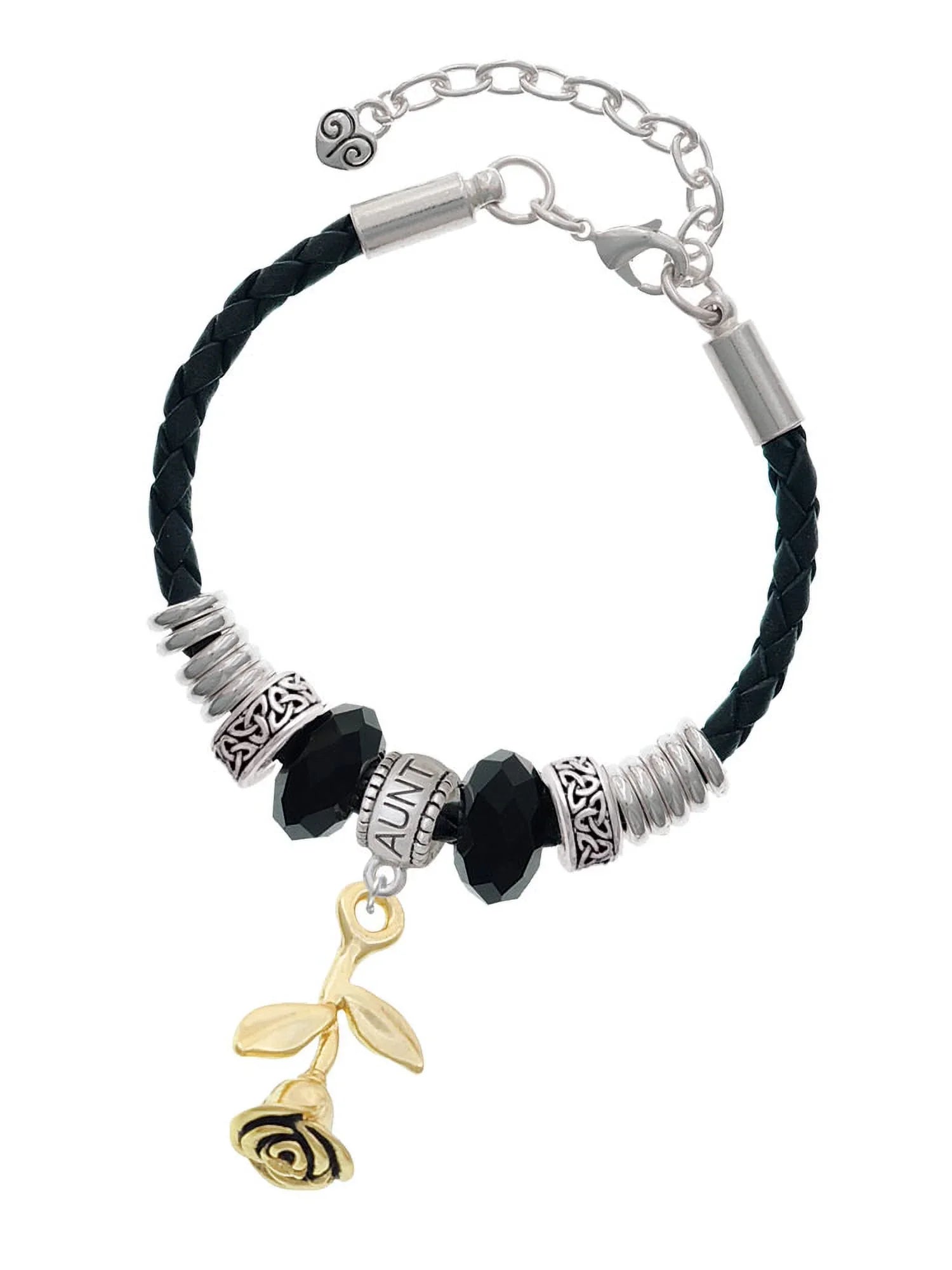 Delight Jewelry Goldtone Stemmed Rose Aunt Celtic Knot Leather Bead Bracelet, 7"+2" Extender