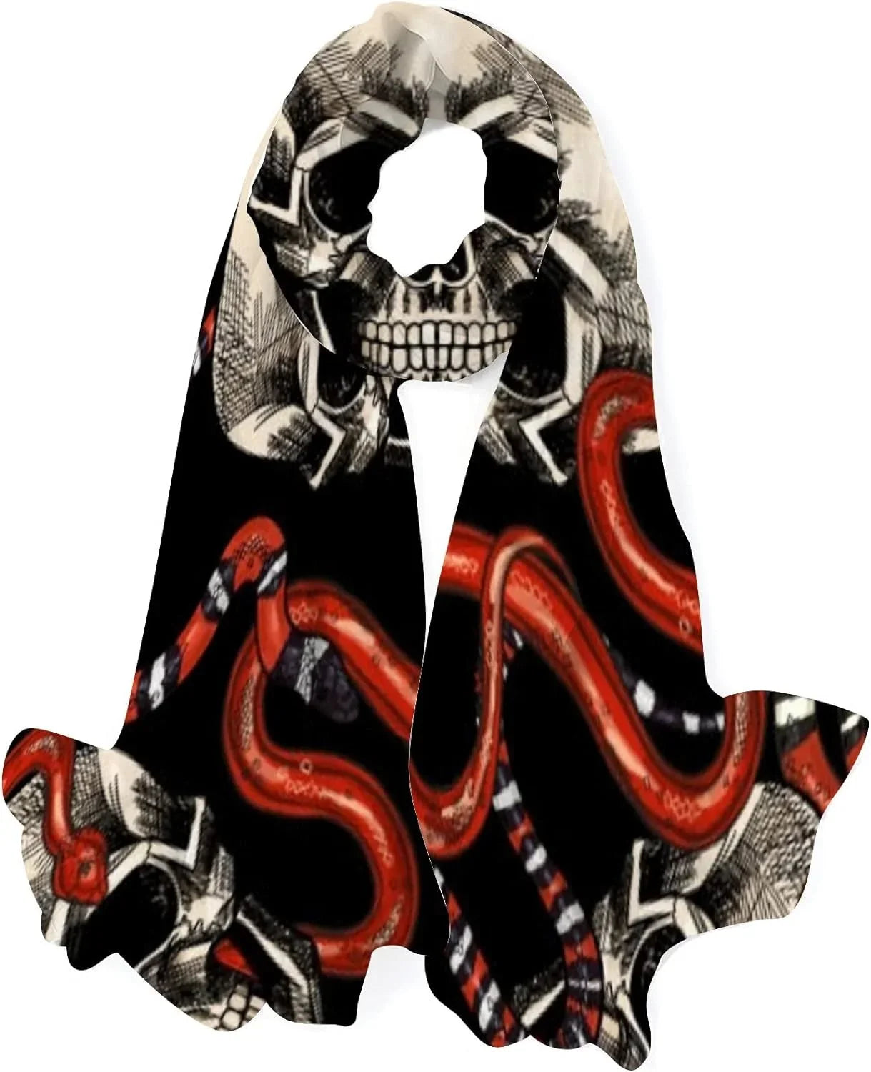 Hyjoy Skulls And Red Snakes Long Silk Neck Scarf Lightweight Shawl Wrap Scarves for Women Girls
