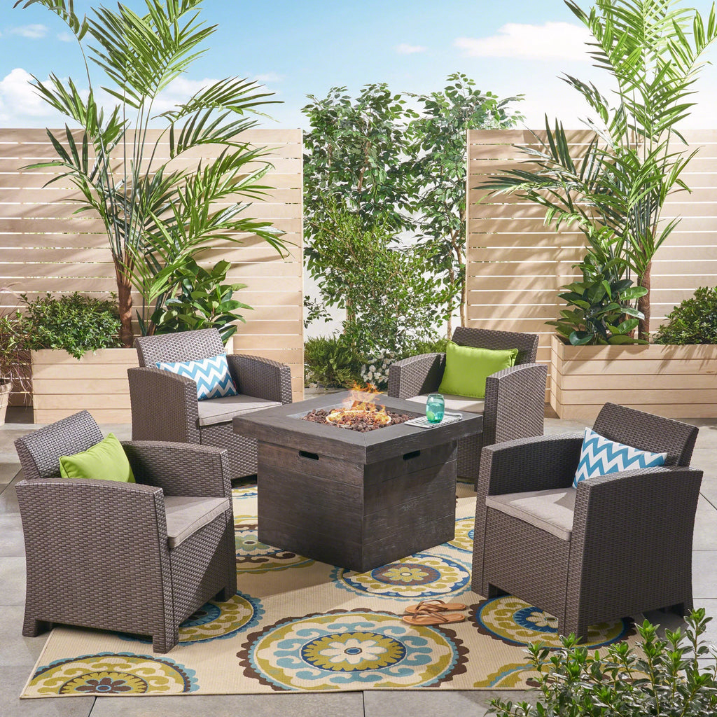 Ollie Outdoor 4-Seater Wicker Club Chat Chair Set with Fire Pit, Brown and Mixed Beige