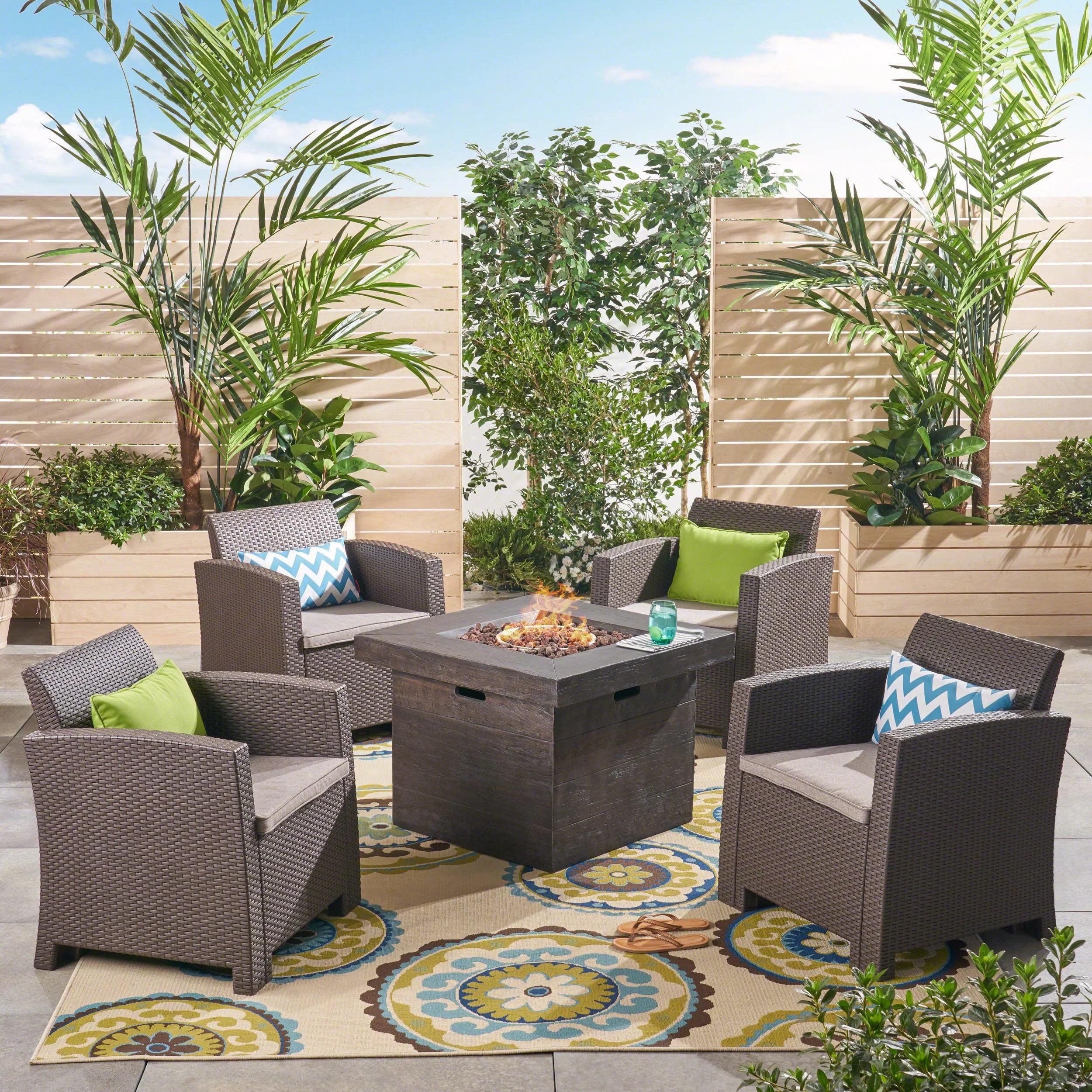 Ollie Outdoor 4-Seater Wicker Club Chat Chair Set with Fire Pit, Brown and Mixed Beige