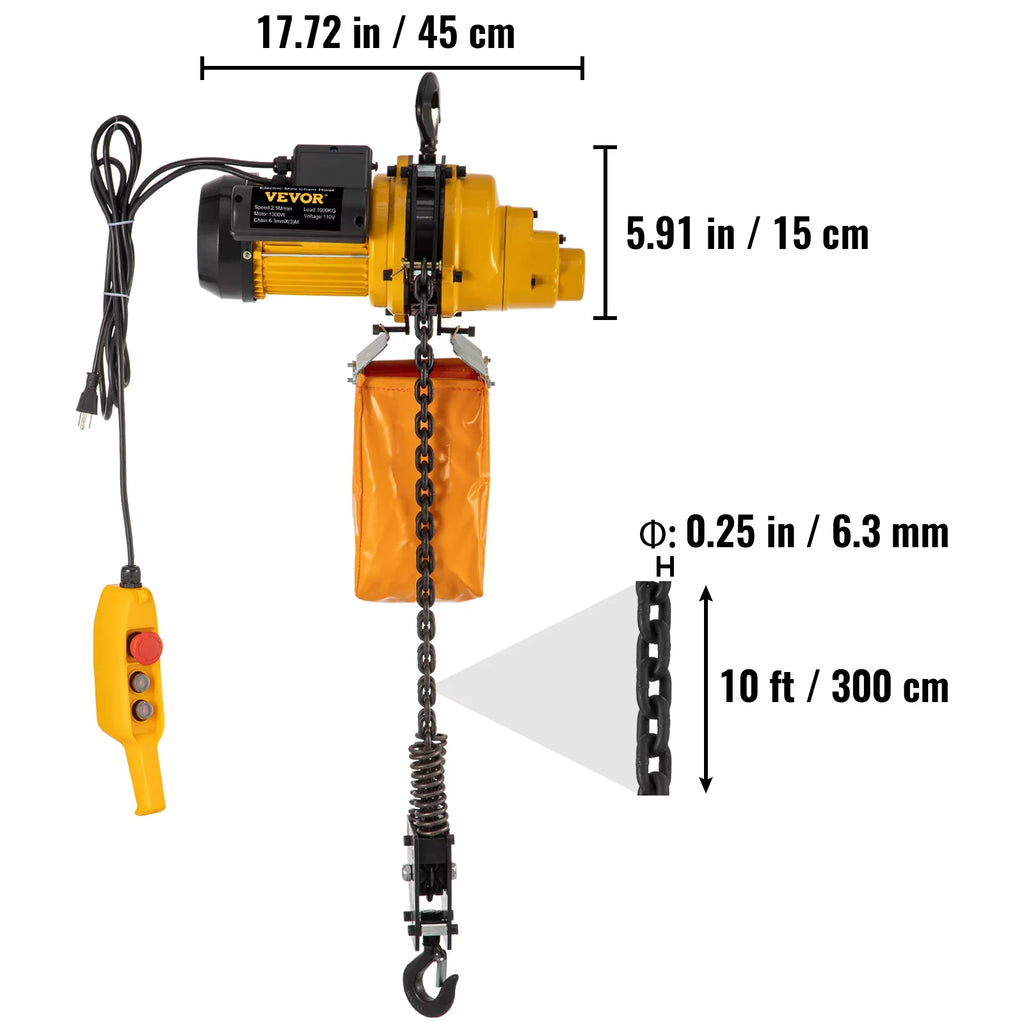 VEVOR Lift Electric Hoist, 2200 lbs Electric Winch w/ 10ft Wired Remote Control, 110V Overhead Crane Garage Ceiling Pulley Winch of 10ft Lift Height, Used In Factories, Warehouses, Construction
