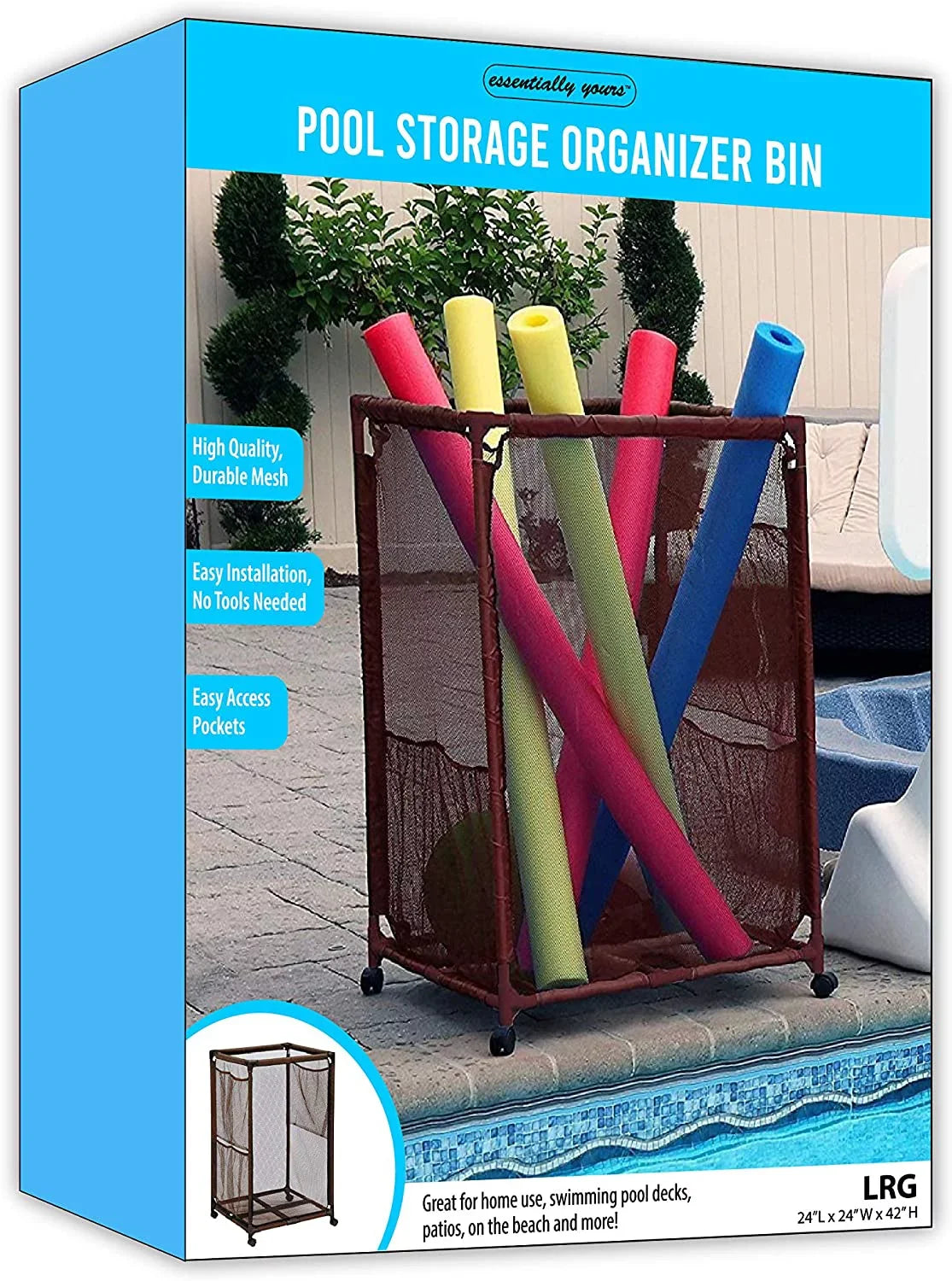 Essentially Yours Pool Noodles Holder, Toys, Balls, Floats and Equipment Mesh Rolling Storage Organizer Bin, Kids Height, Large, (43" W x 25" L x 28" H), Brown Style 563009