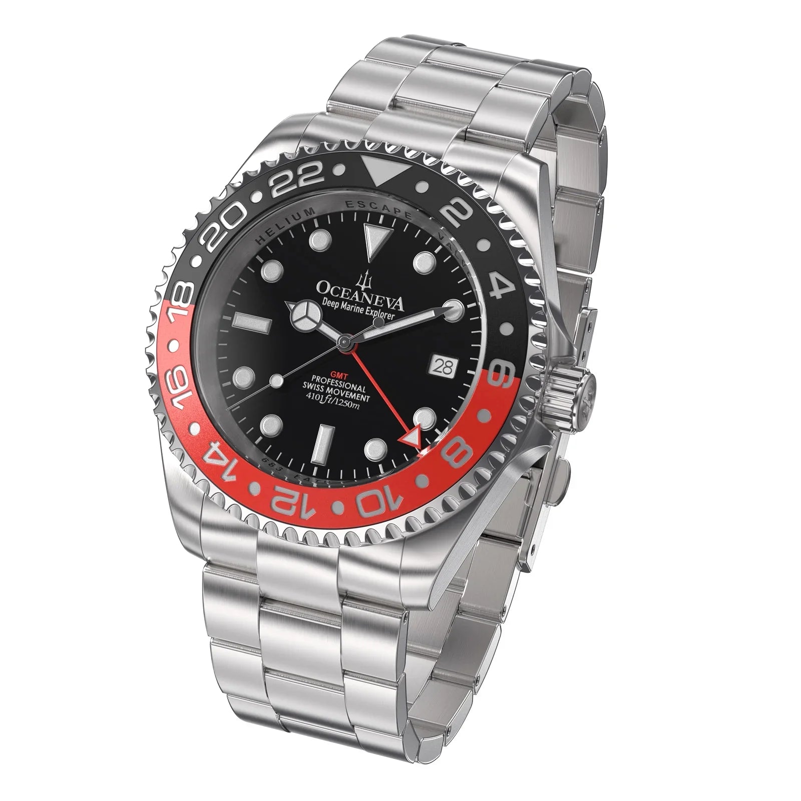 Oceaneva™ Men's GMT Deep Marine Explorer 1250M Pro Diver Watch Red and Black- Quartz, Swiss Movement Stainless Steel Bracelet